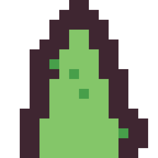 A pointed pixel-art tree has a dark stair-stepped outline and two green areas.