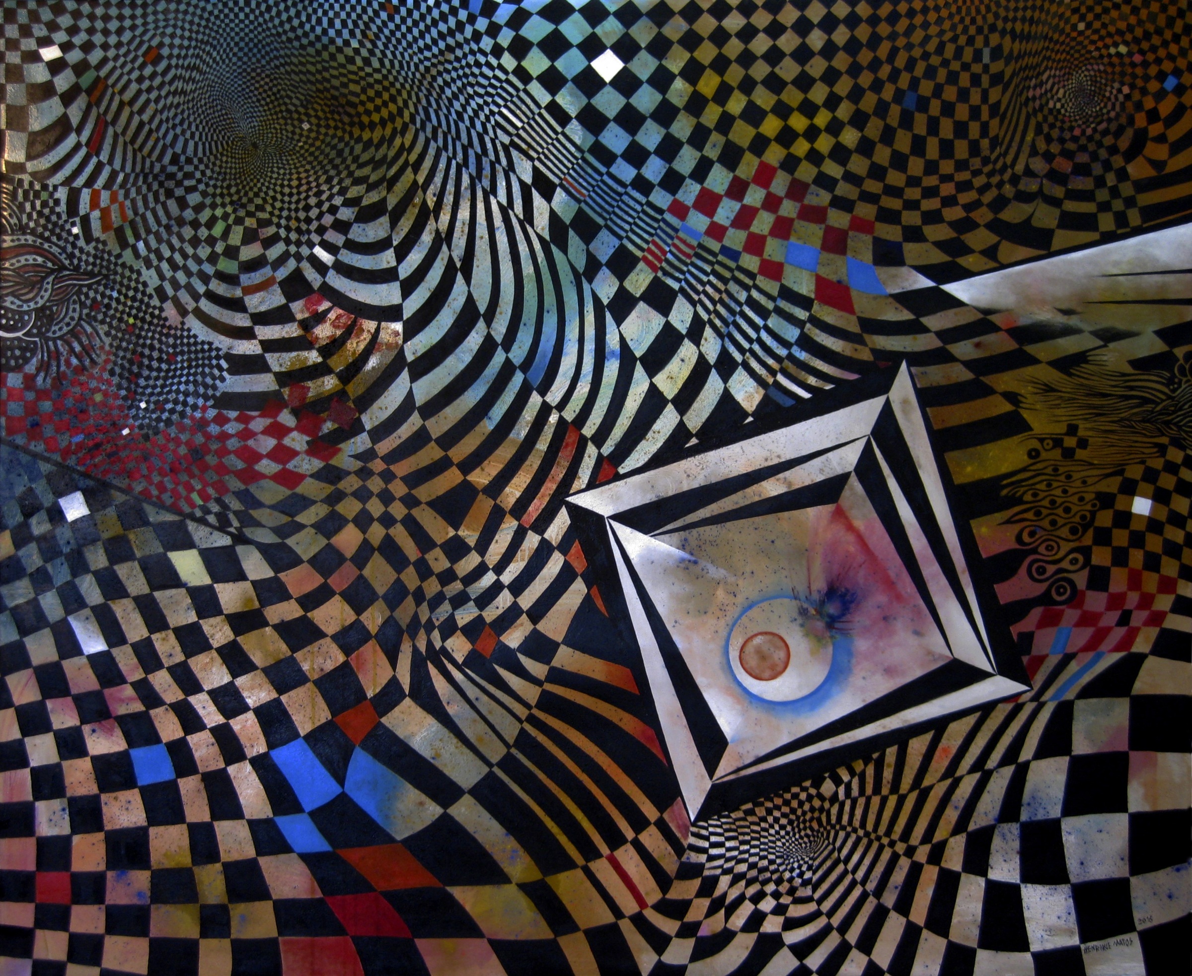 Black and cream checker ribbons twist into funnels around a pointed diamond compartment, interrupted by red and blue squares.