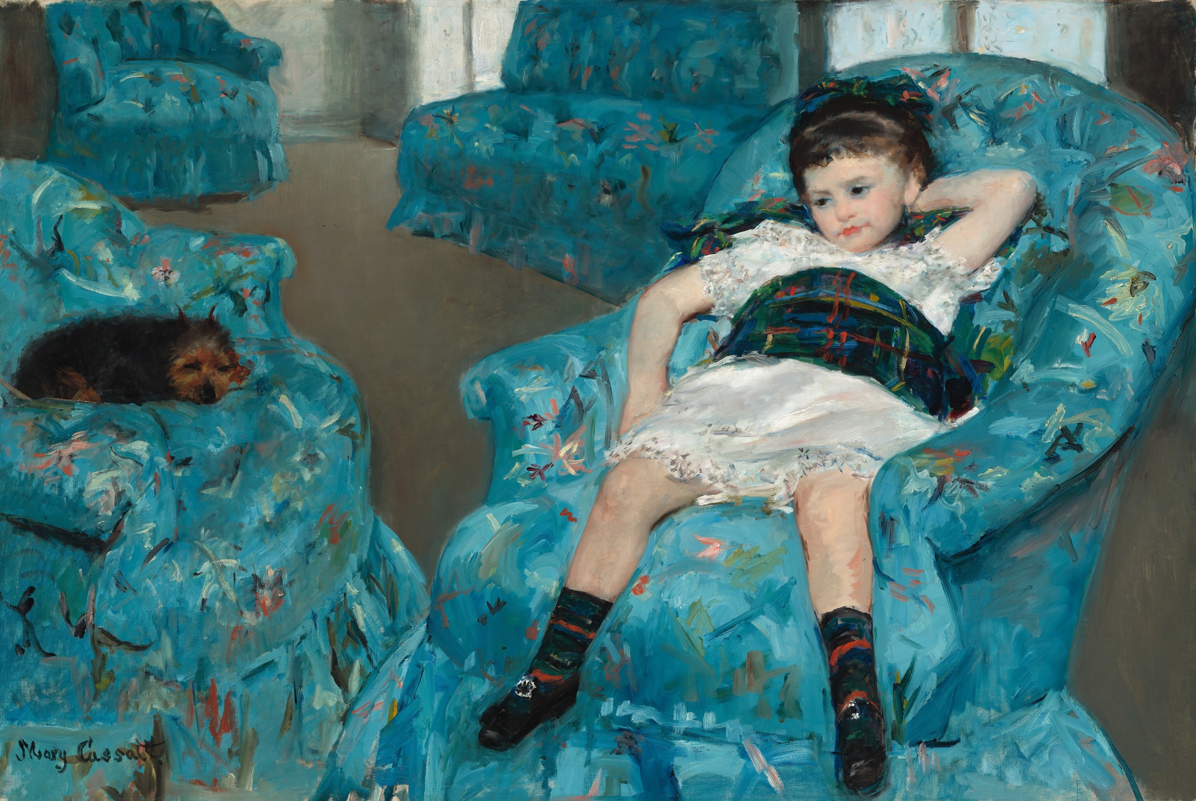 A seated girl in a pale dress rests in a blue armchair, with other blue chairs and a small curled dog to the left.
