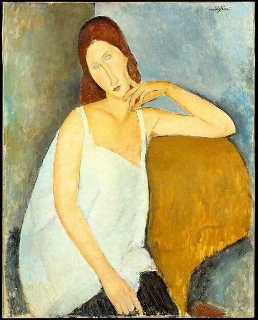 An elongated seated figure in a white garment tilts an oval face, with pale almond eyes and one hand near the chin.