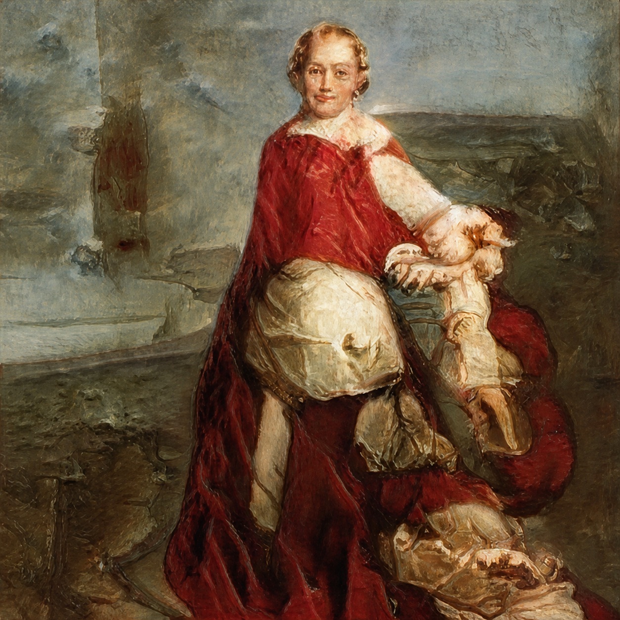 A recognizable face with golden hair appears above a red garment amid cream and dark green forms.