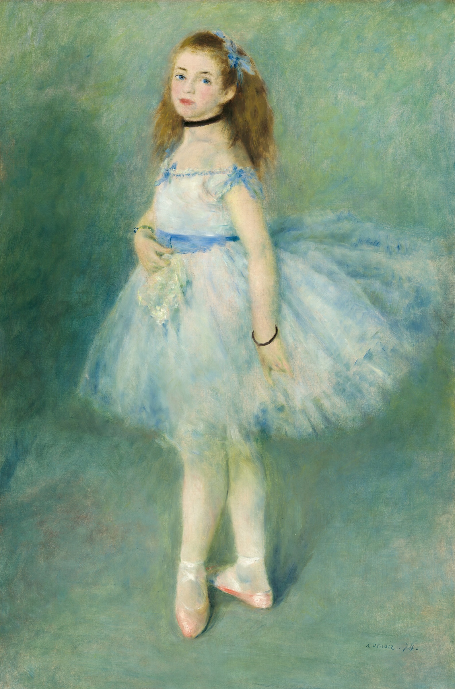 Full-length ballet dancer in a pale blue tutu with softly painted green background.
