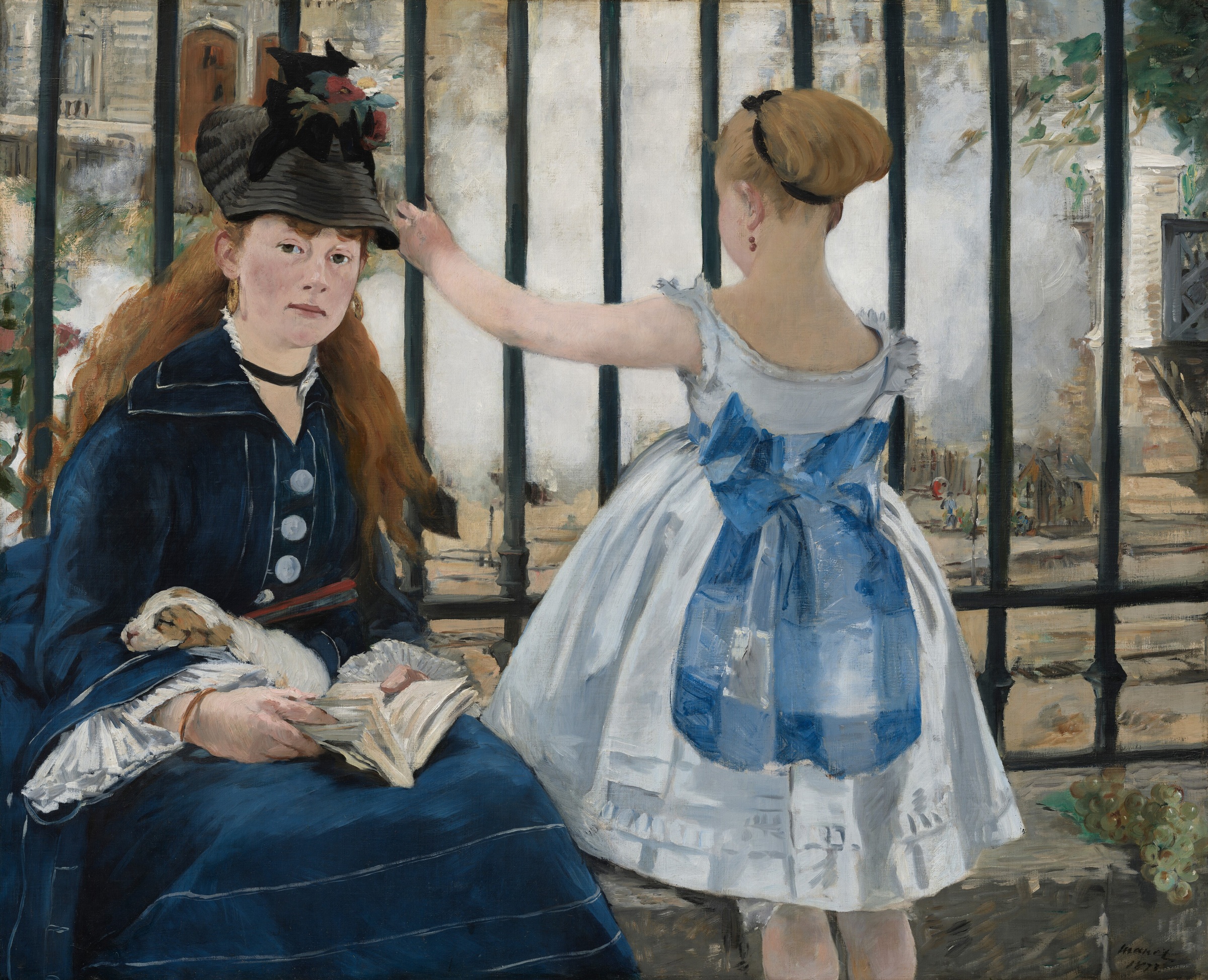 Woman with book and puppy beside a child facing railings and a pale cloud of steam.