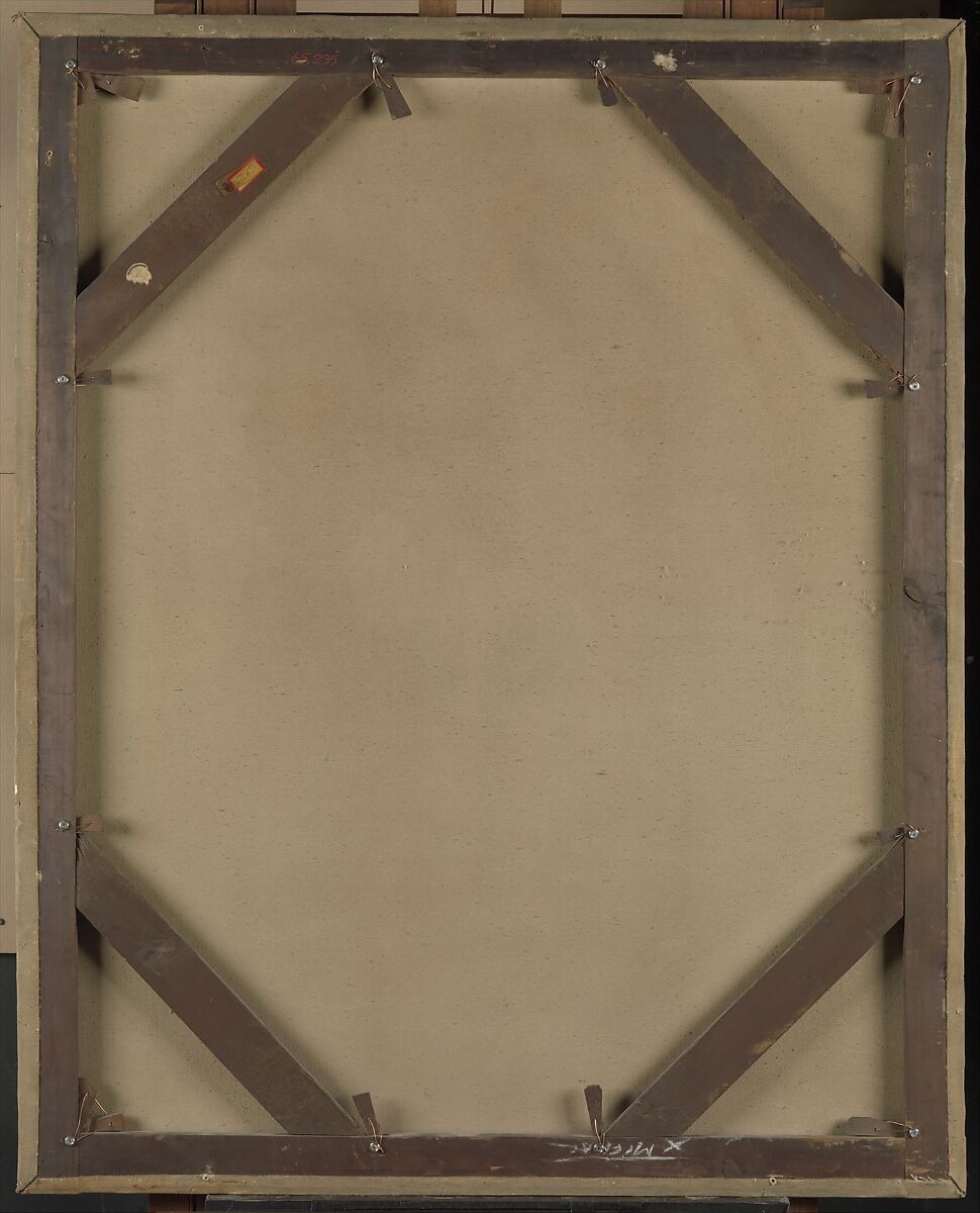Canvas and wooden supports seen from the back of Mather Brown’s Portrait of a Young Woman.