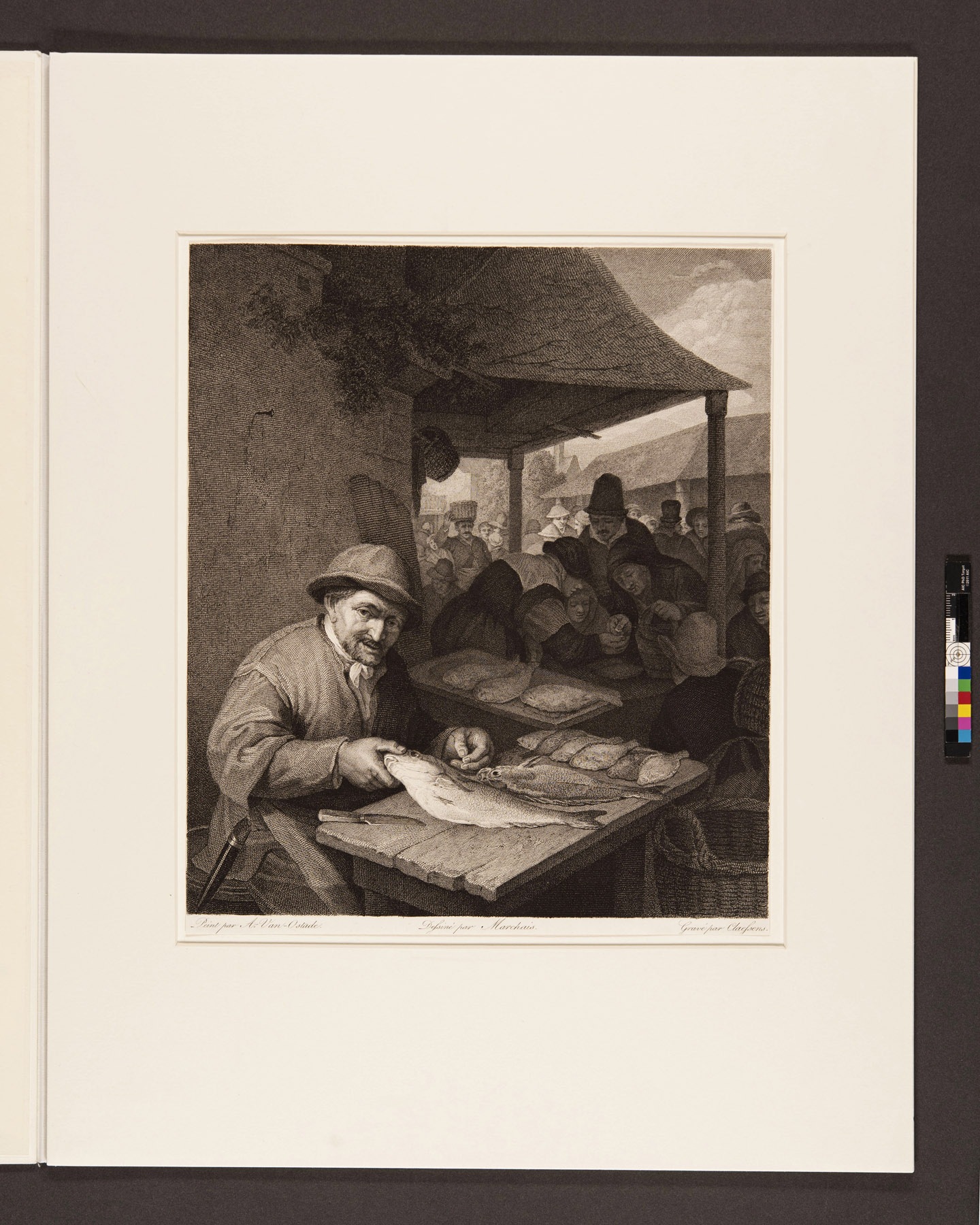 A broad window mat surrounds a floated engraving while leaving all of its paper edges visible.