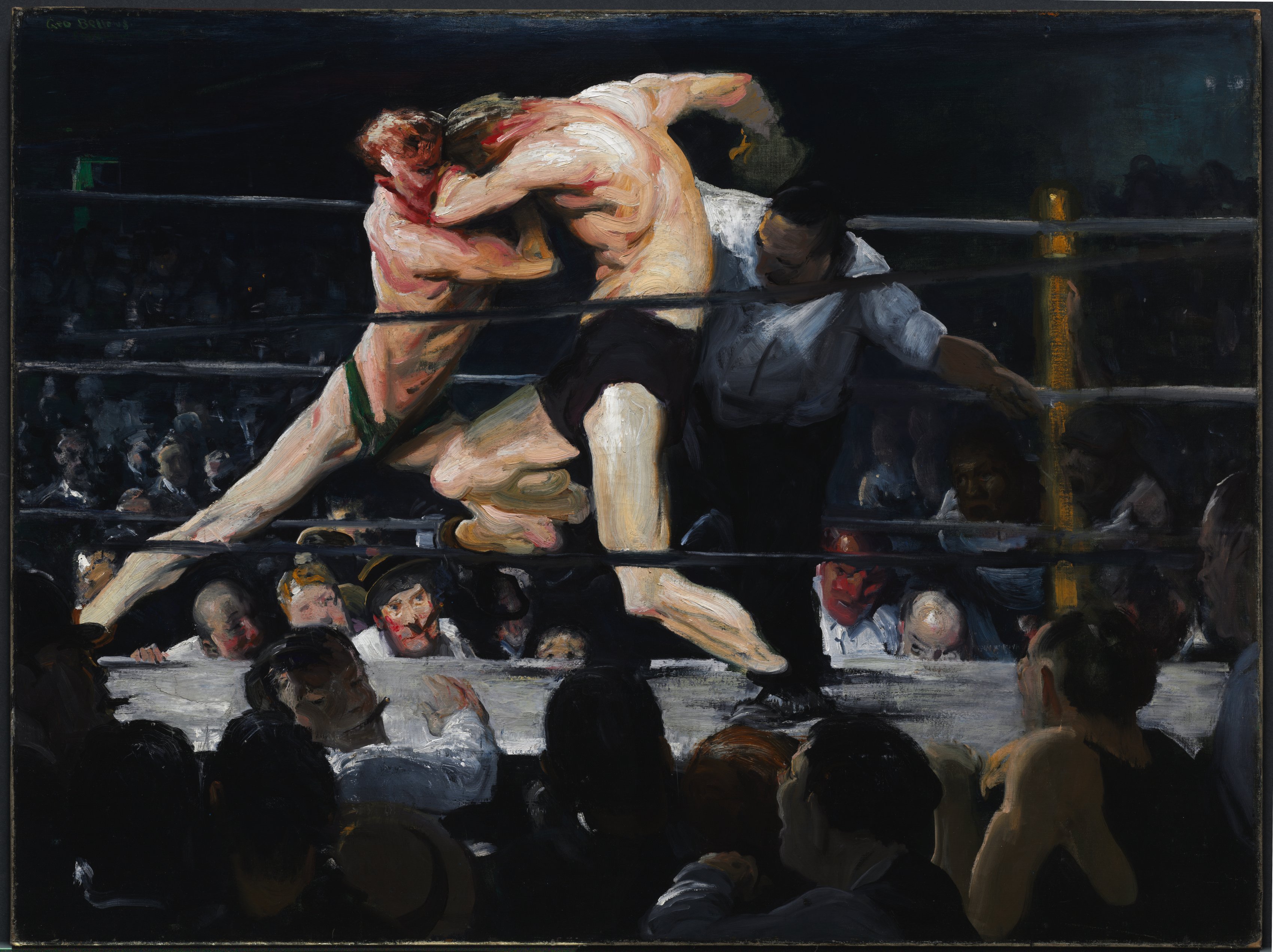 Two boxers painted in cream, pink and ochre lean together above a dark audience, with a blue-gray referee behind them.