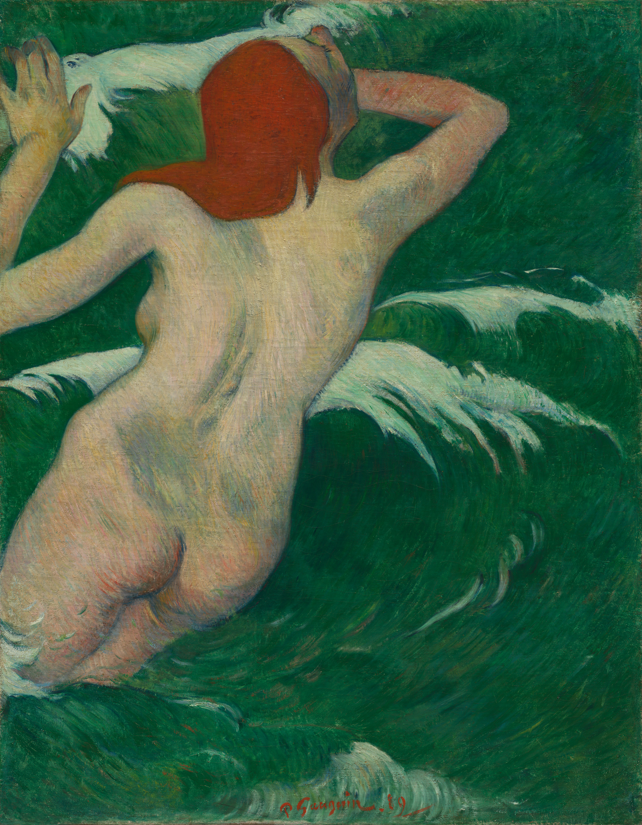A pale nude figure seen from behind raises bent arms through deep green waves; orange-red hair rests above the back and white curves describe the surf.