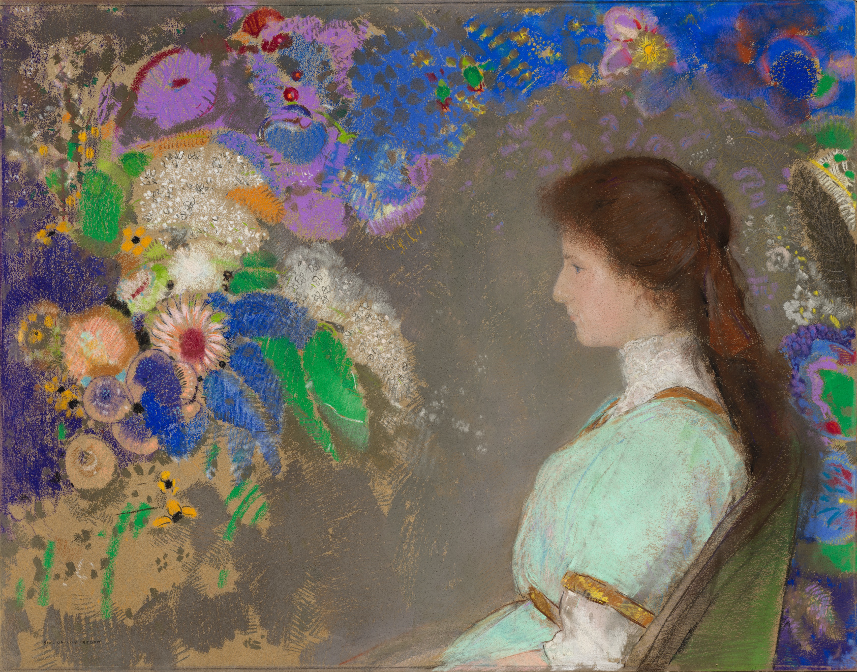 A young woman in pale mint clothing sits in profile beside floating clusters of blue, violet, green, orange and white flowers on a gray ground.