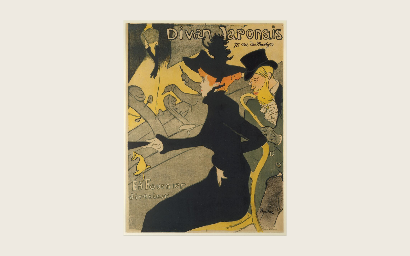 Complete Divan Japonais lithographic poster with black figures and ochre lettering, displayed within a neutral matte.