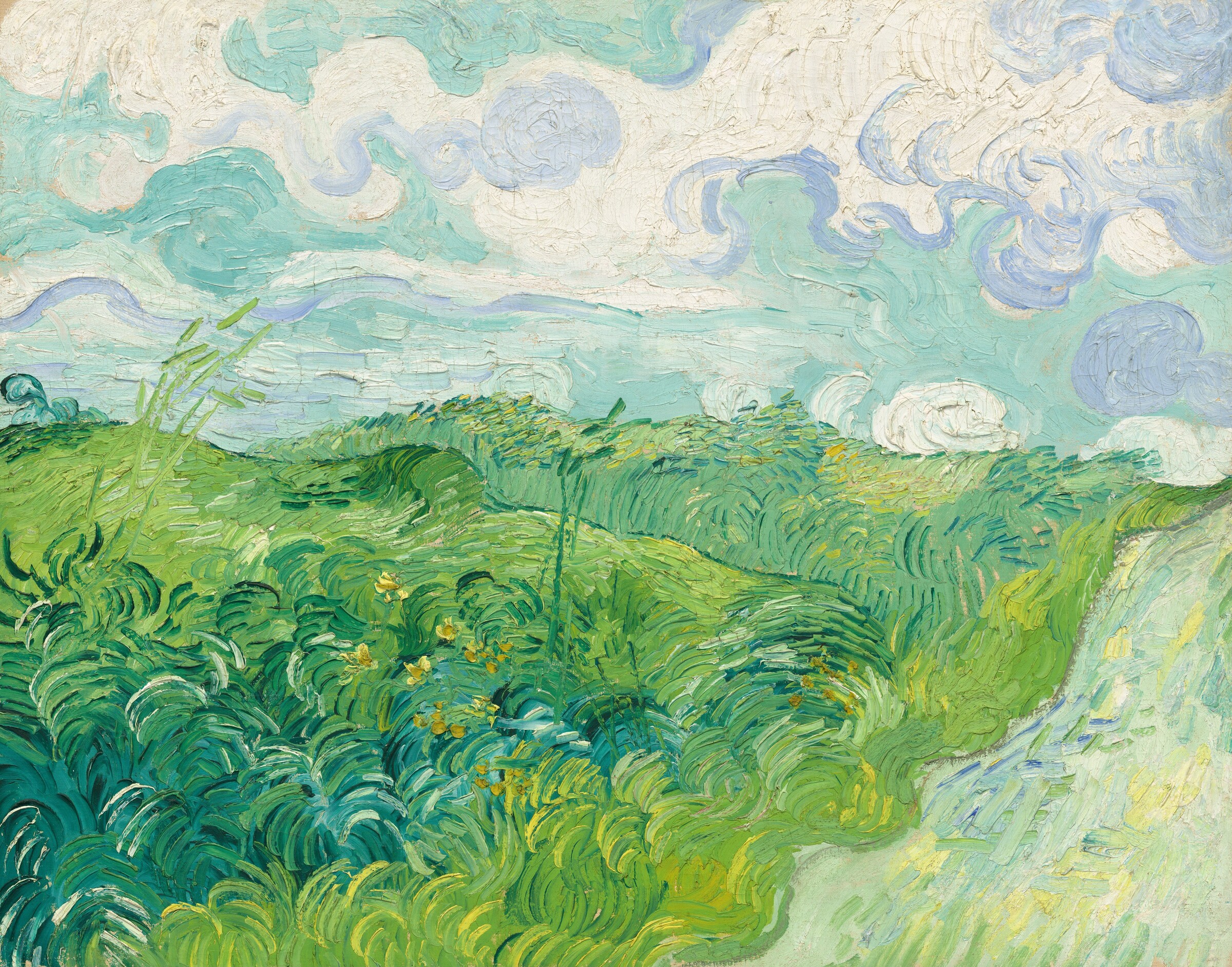 Rolling green wheat fields in curved brushstrokes beneath curling pale clouds, with a light-colored road receding along the right edge.