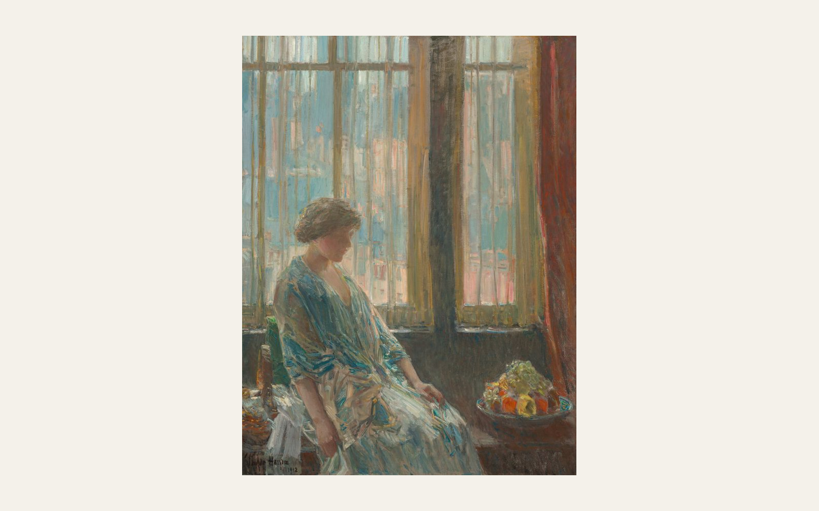 Complete Hassam painting of a woman at a window fitted within a pale neutral graphic surround.