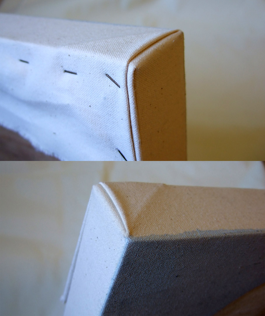 Two close-up photographs show canvas folded and stapled at the back and wrapped around the outside corner of a support.