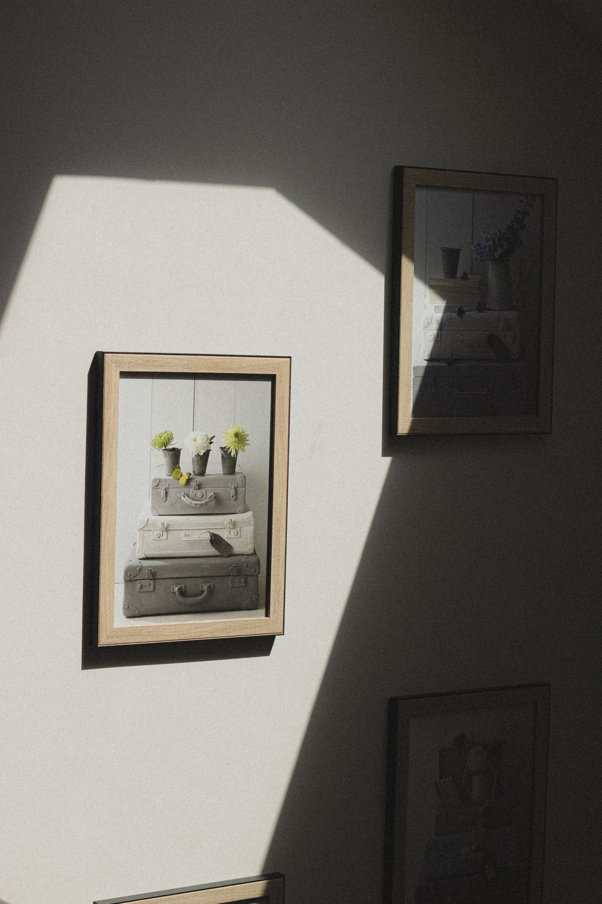 Framed artworks and their cast shadows on a light wall.
