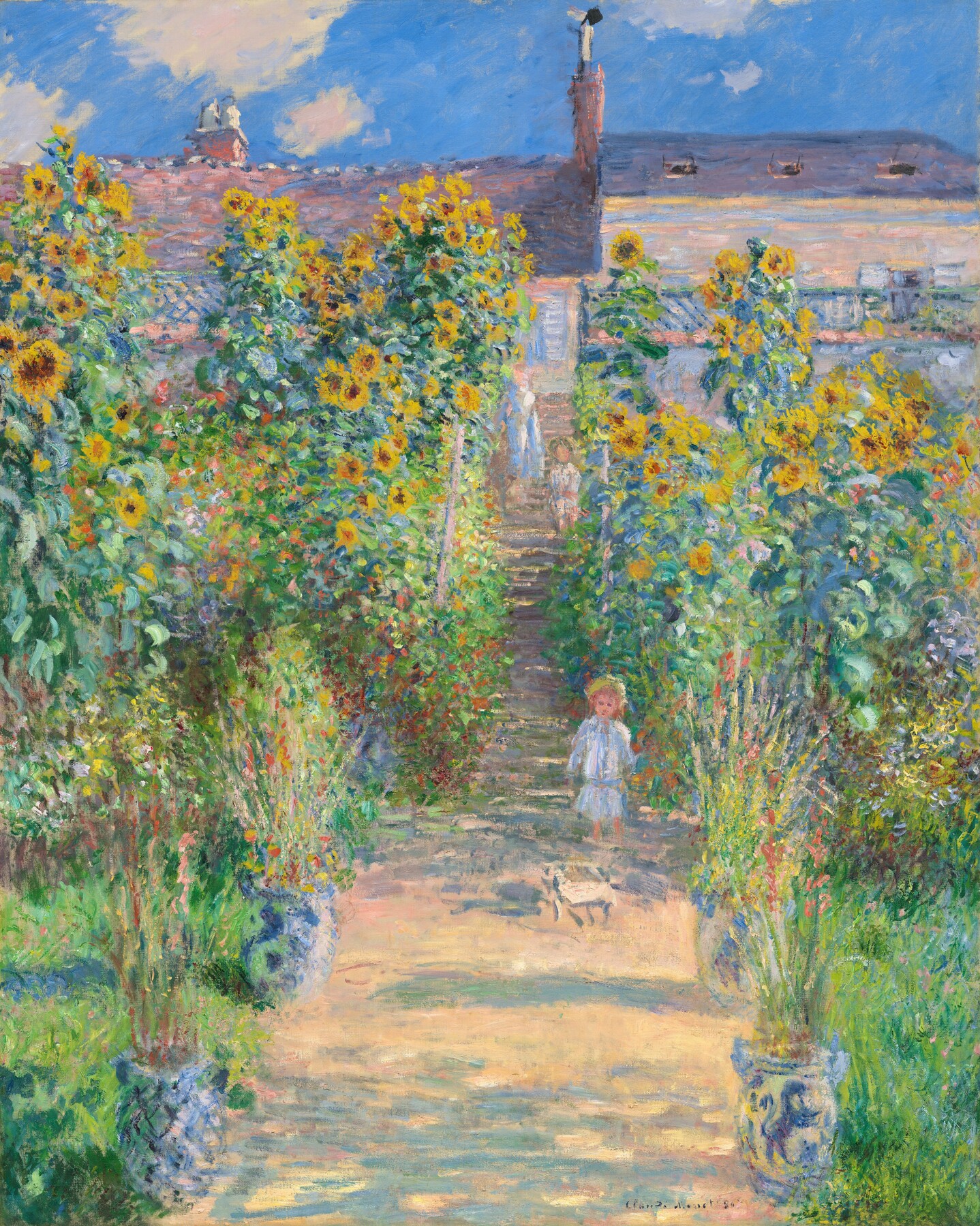 A child on a sunlit garden path between tall yellow sunflowers and blue-and-white planters; shadows cross the path as it narrows towards steps and a house.