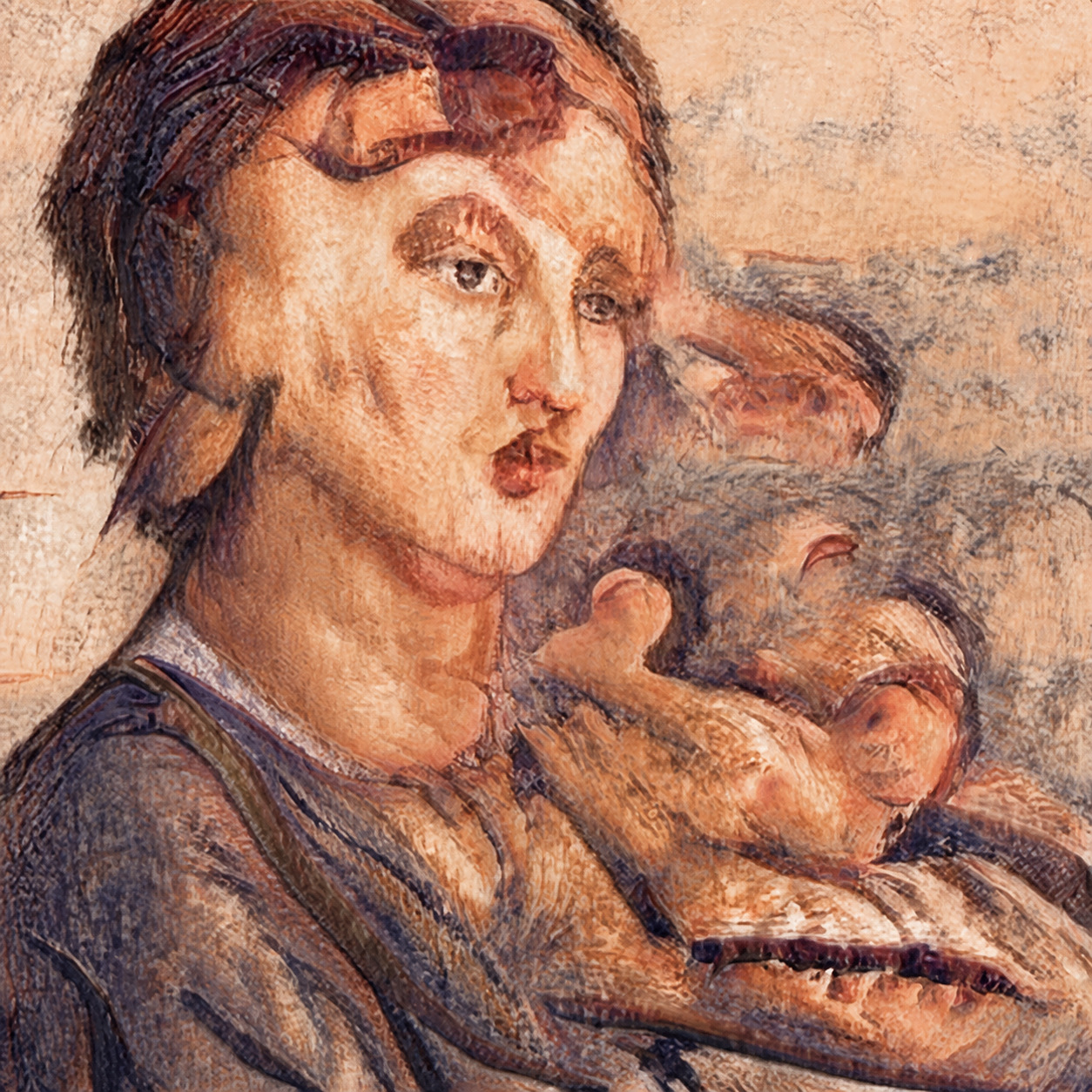 A pale peach face and overlapping bird-like forms fill a square composition, with dusty brown marks, slate-violet clothing and dark outlines around the eyes and forms.