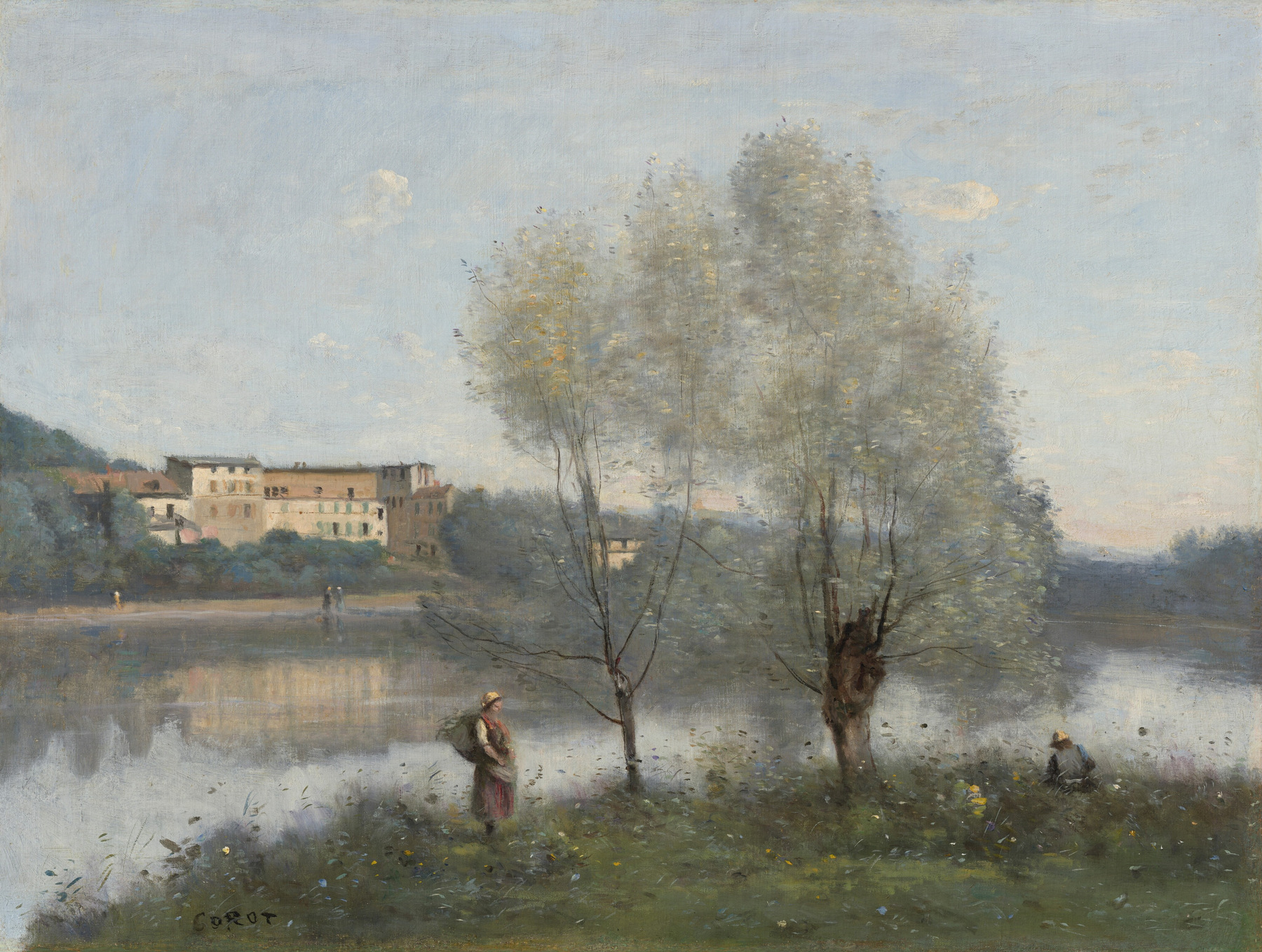 Corot’s lakeside landscape combines a pale blue-gray sky and water, silvery sage trees, cream buildings and a darker olive-brown bank with two small figures.