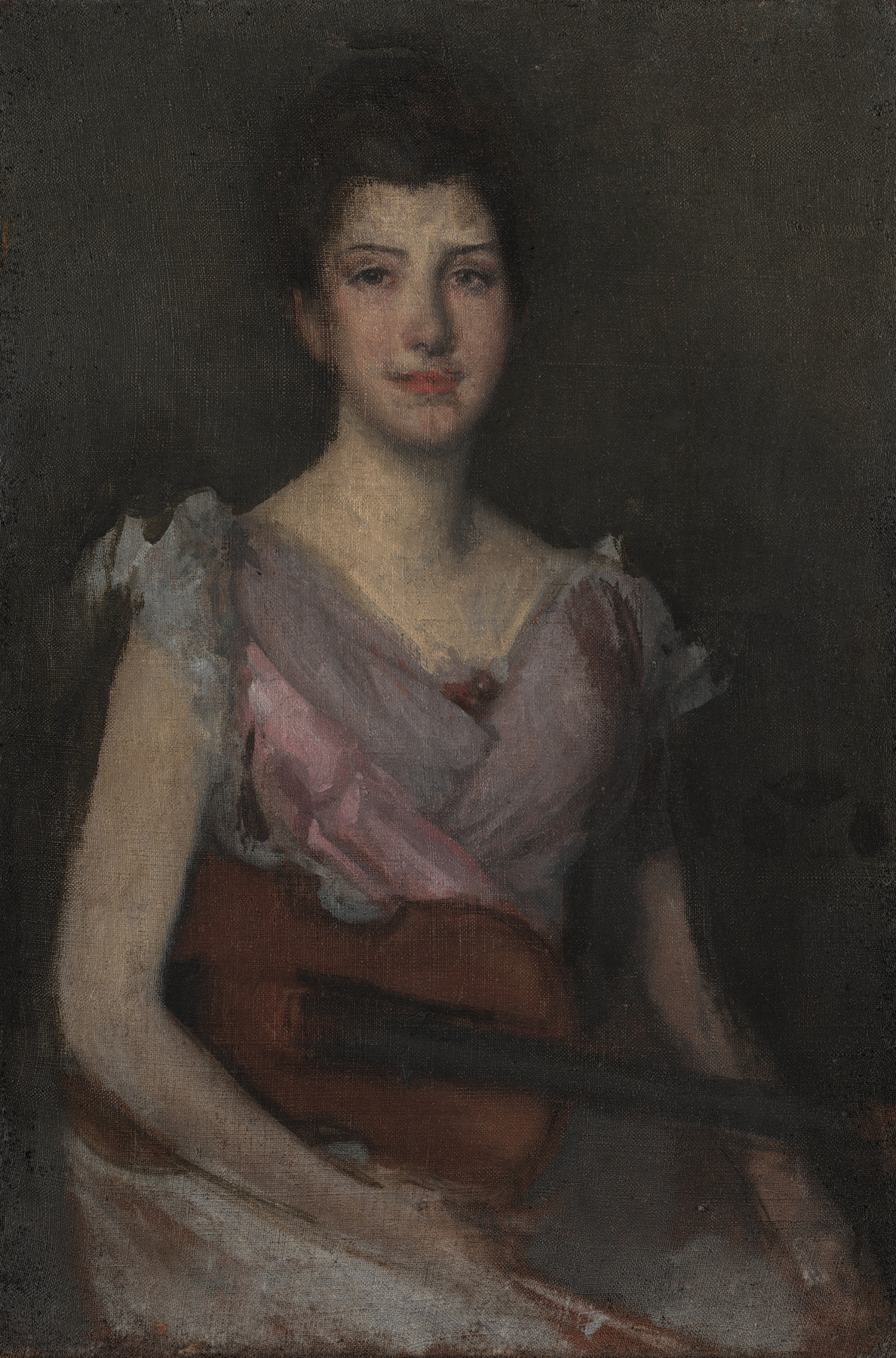A woman in a muted pink and lavender dress holds a brown violin; her face, chest and left arm emerge against a dark brown-gray background.
