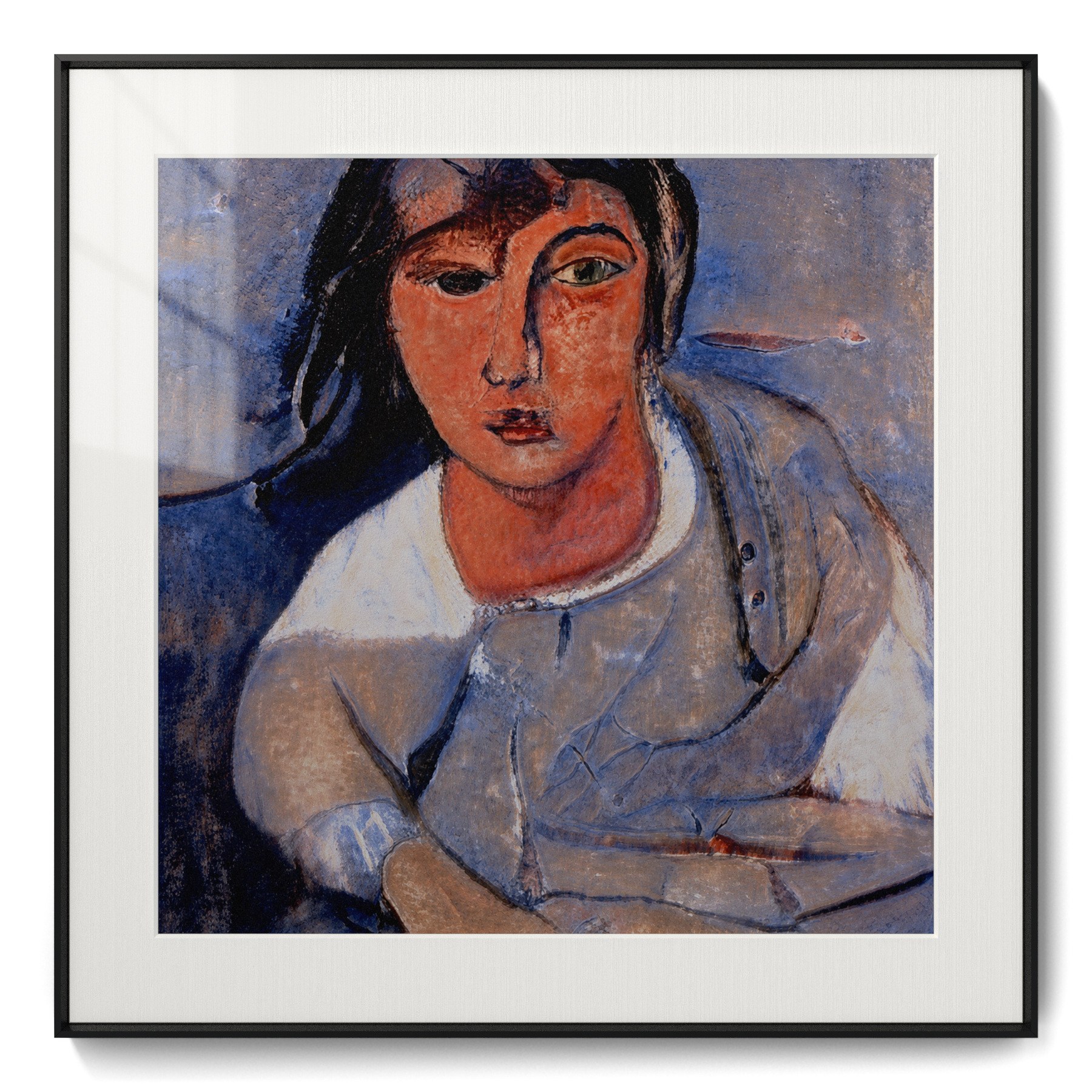 Hour Between Bells shown front-on with a wide white mat and a thin black frame around the orange-faced portrait.