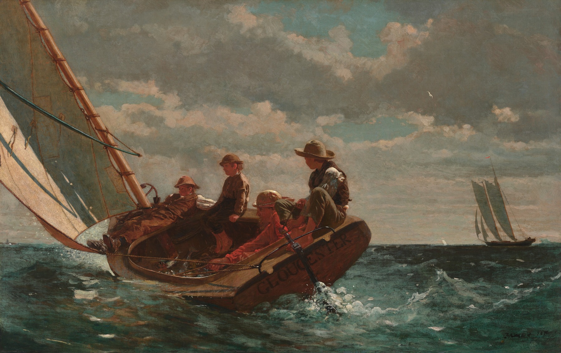 Four people sit or lean inside a foreground sailboat tilting across choppy water beneath a large diagonal sail and cloudy sky, with another sailboat at the right horizon.