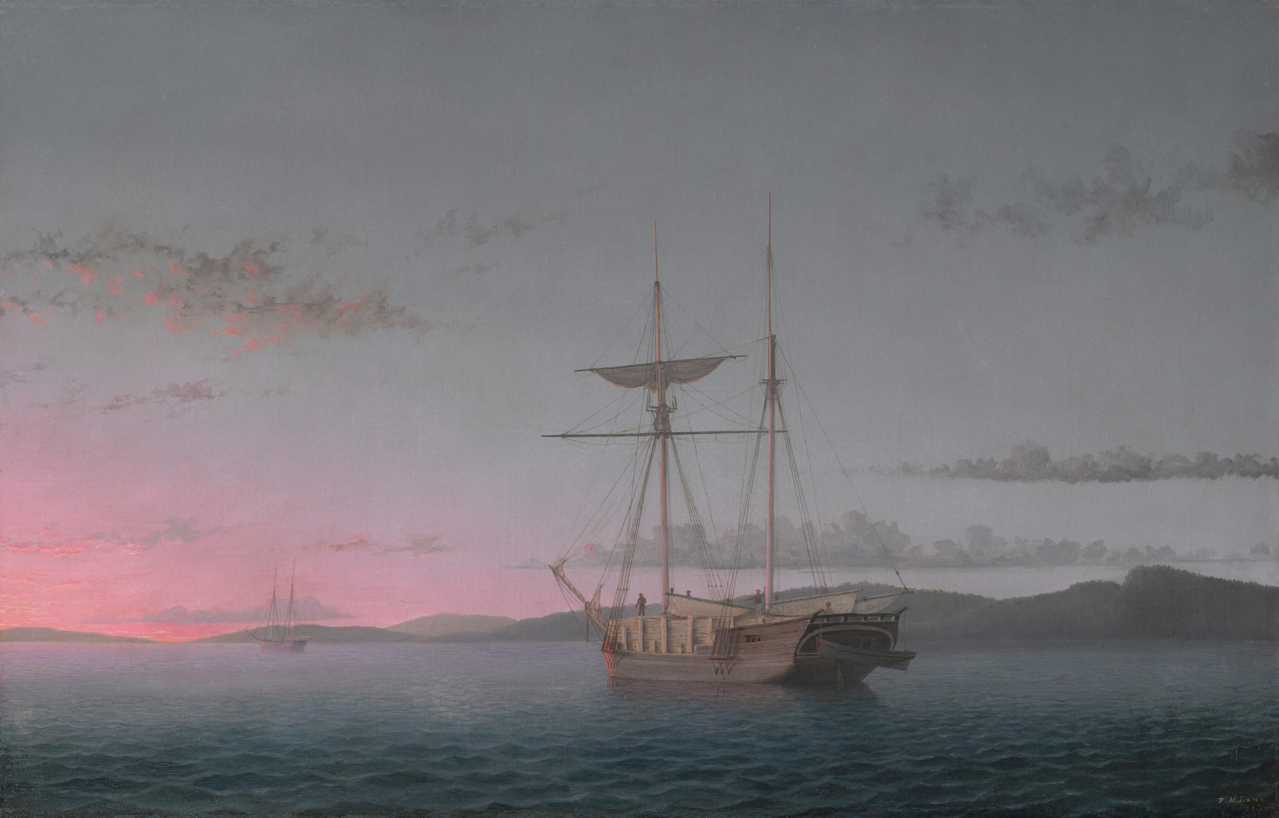 A lumber-filled schooner with tiny workers sits low on open water beneath a broad gray and pink evening sky; a second smaller vessel appears near the left horizon.