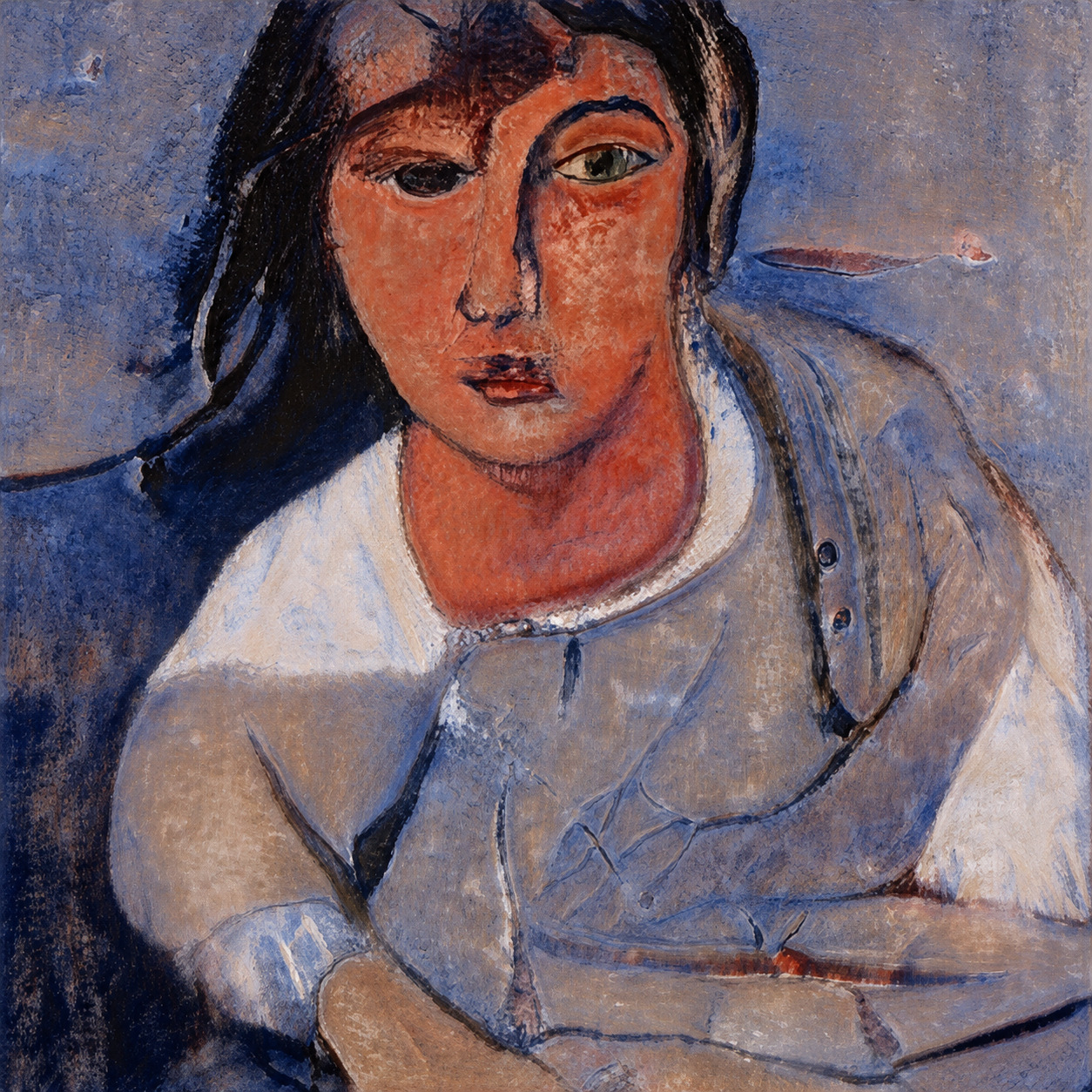 An orange-faced figure with dark hair and uneven eyes wears a pale gray blouse against a blue and violet ground, with mottled marks across the face and clothing.