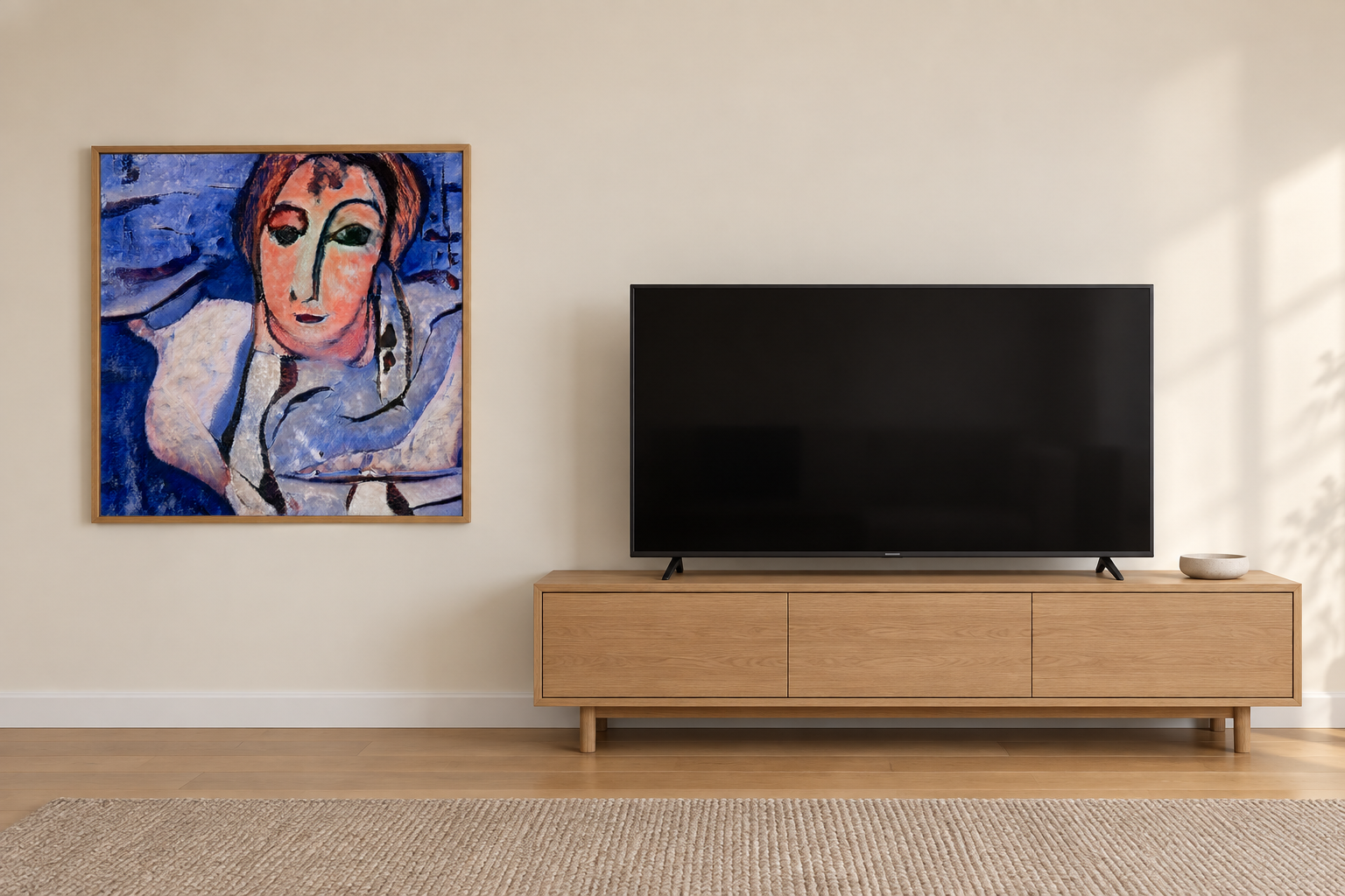 Illustrative rental TV wall with a framed blue-and-peach WhispArt portrait beside the screen; AI-generated room and frame.