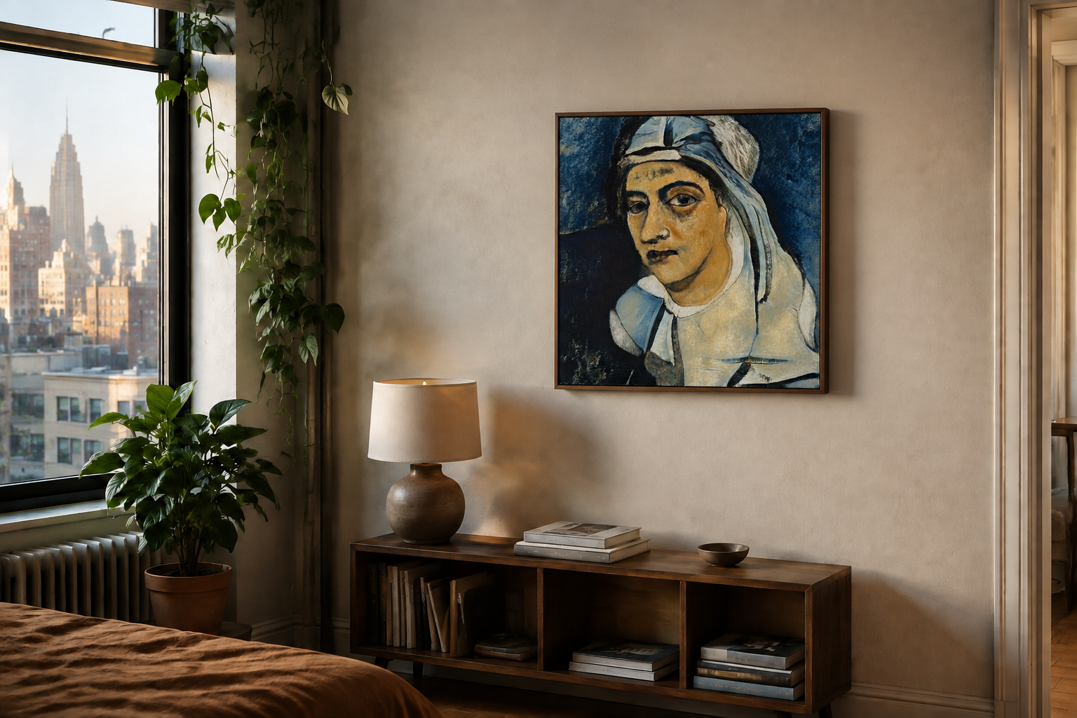 Nocturne for a Veil, a blue and ochre portrait, shown in a dark frame above a console in an illustrated apartment.