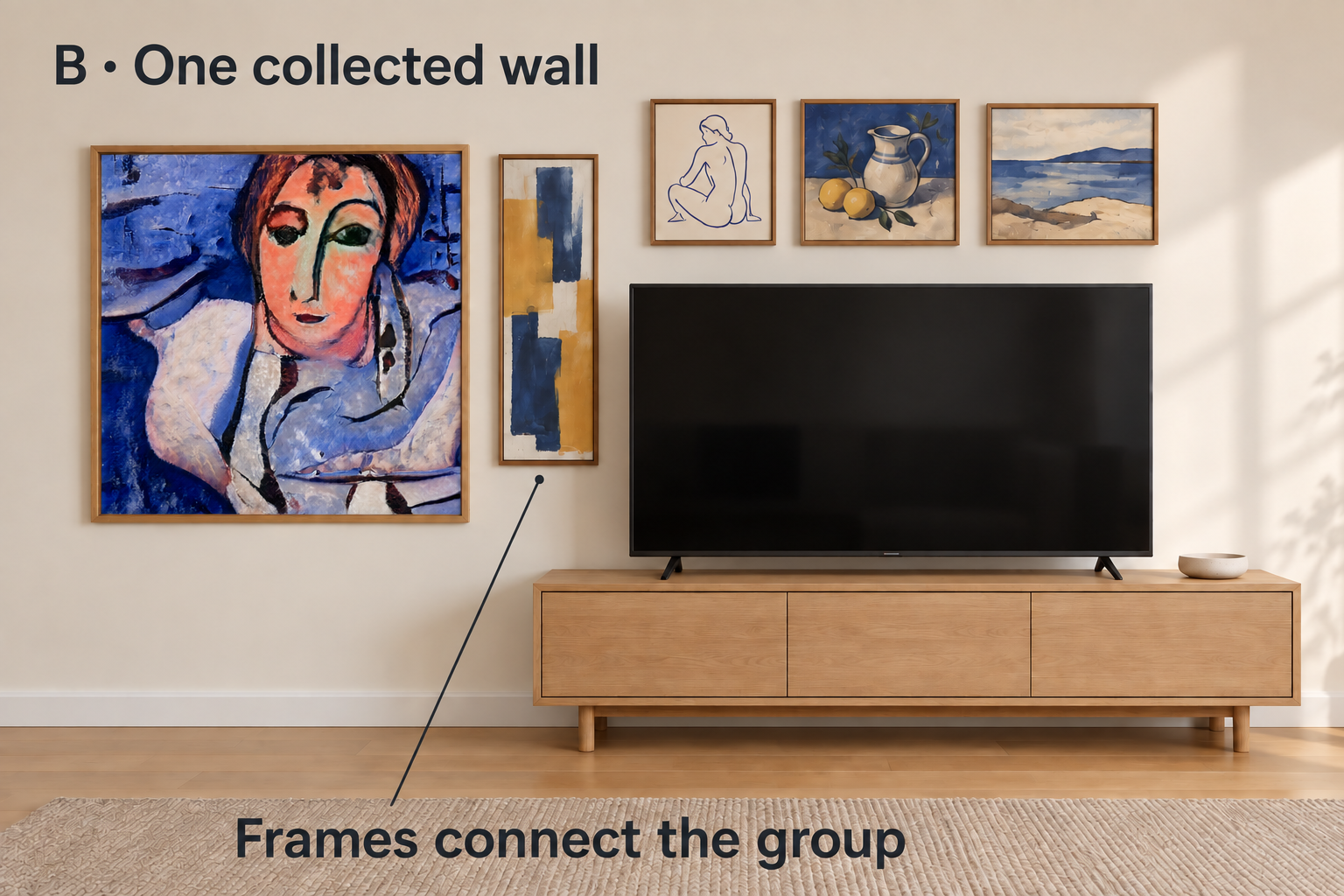 Alternative version of the same TV wall: the same portrait, TV and console remain, with smaller framed pictures between the portrait and screen and above the TV to connect the composition.