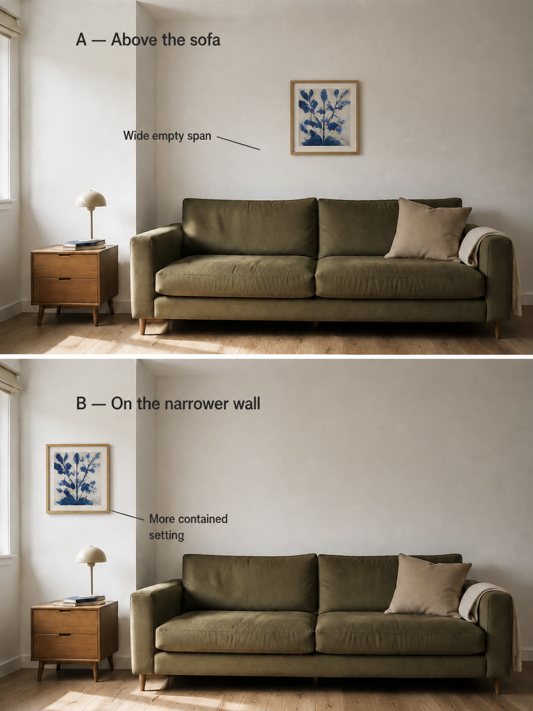AI illustration comparing one small blue botanical picture above a long sofa and on the narrower wall beside it; the second position gives the same picture a more contained setting.