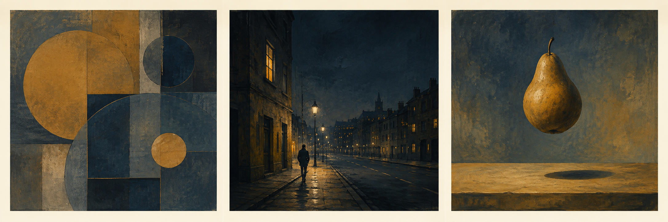 Three equal-sized images: left, overlapping geometric circles; middle, a lone figure on a lamplit city street; right, a floating pear above a table. All use blue and ochre.