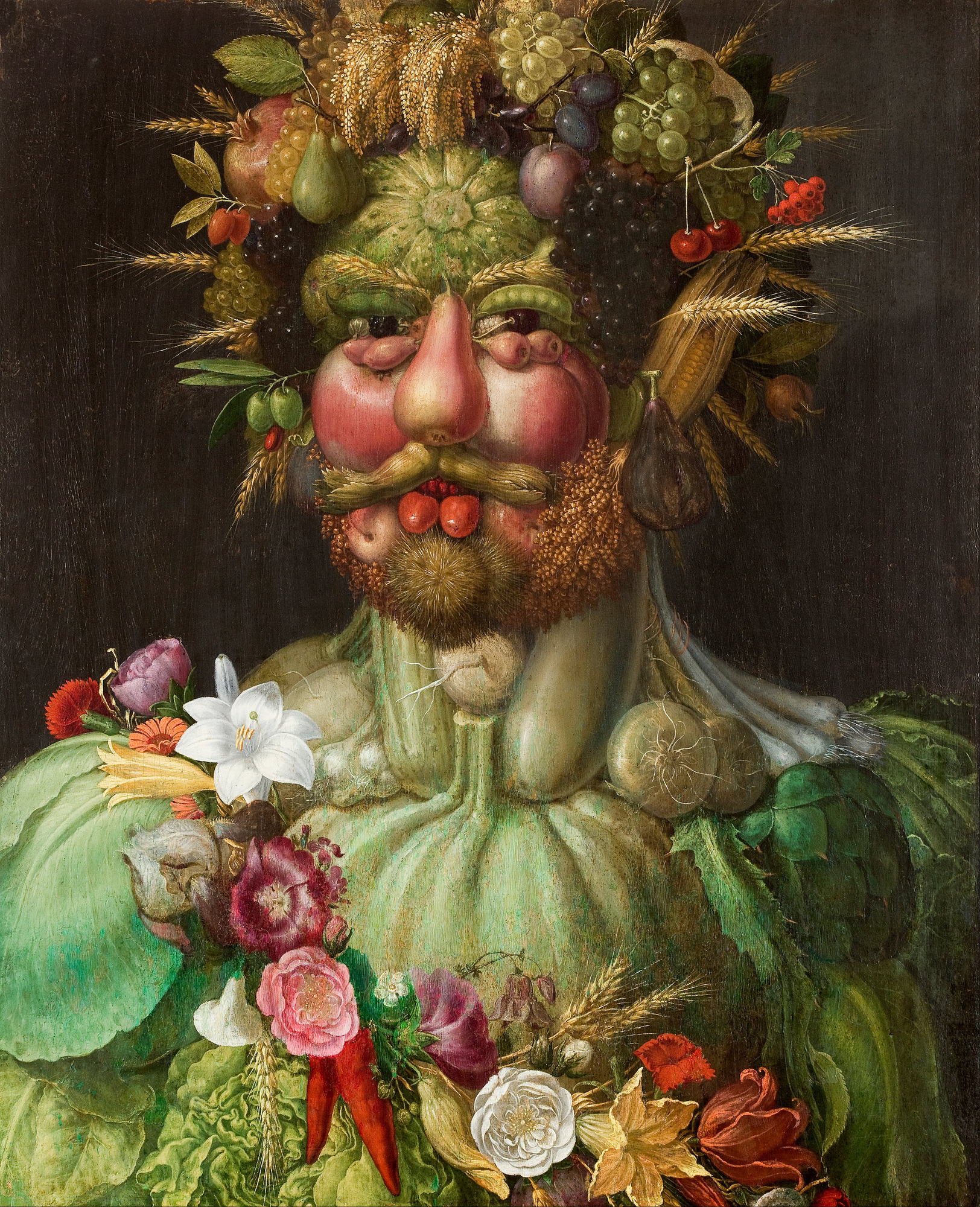 A frontal portrait forms a man’s face and shoulders entirely from fruits, vegetables, flowers and grain, including a pear nose, apple cheeks and grape hair.