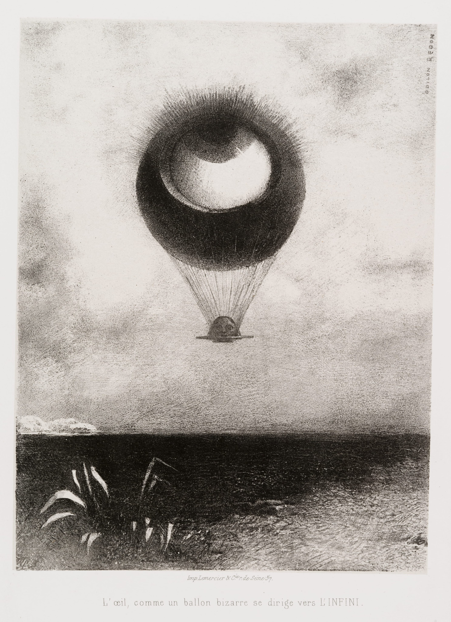 A giant eye floats like a hot-air balloon over a dark landscape, with thin lines suspending a small head beneath it and a French caption below.