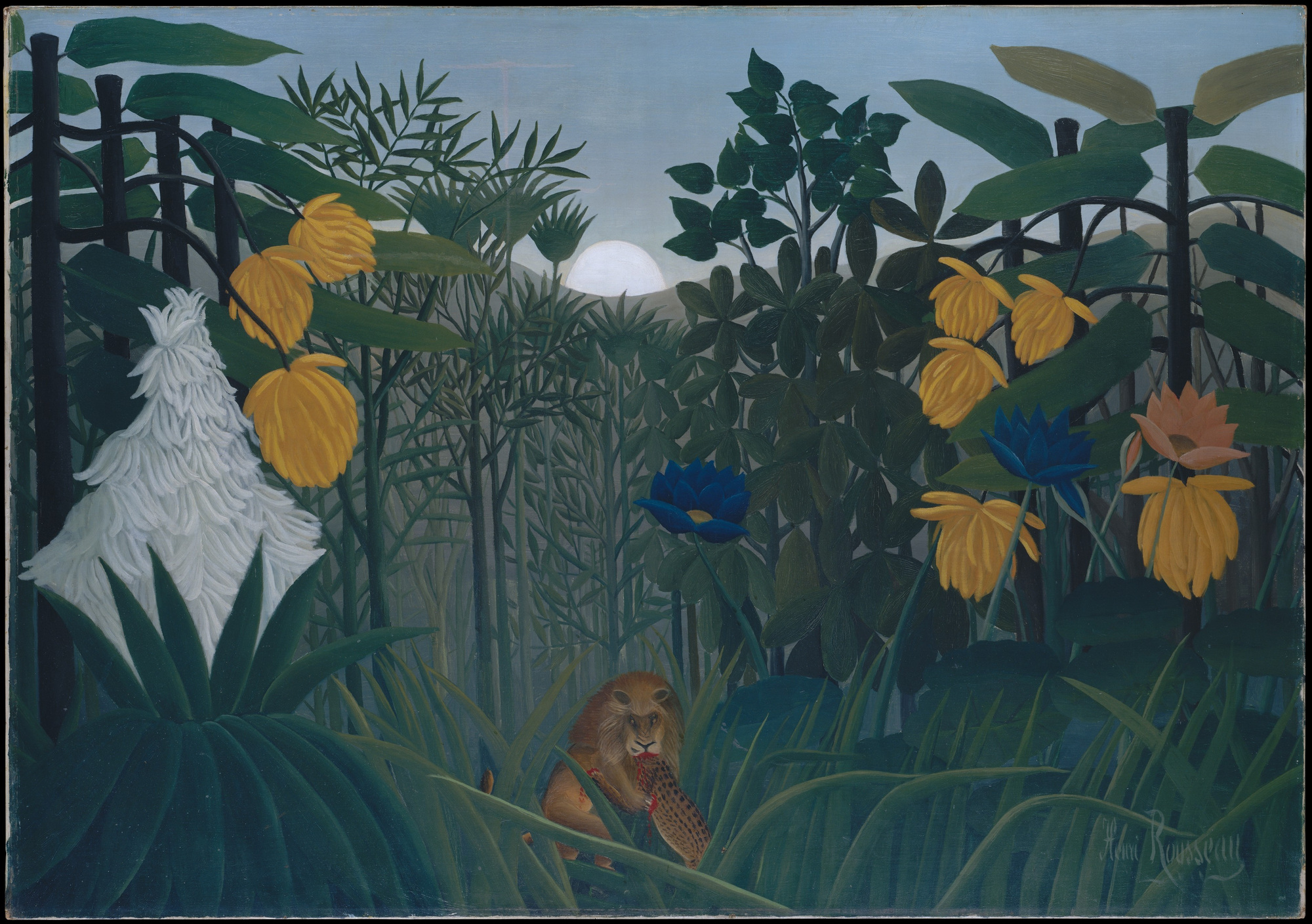 Oversized leaves and white, yellow and blue flowers fill a jungle beneath a pale sun; near the bottom, a small lion feeds on another animal.