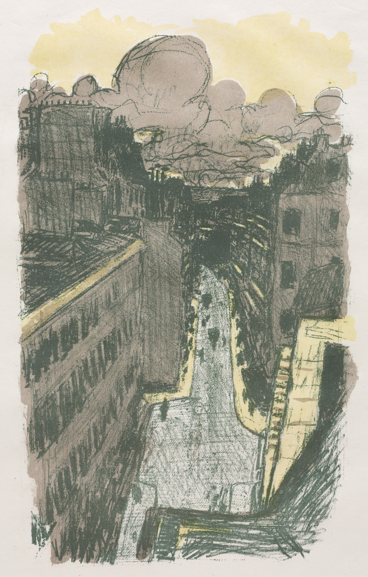 A high view looks along a narrow Paris street between tall buildings, with loose dark green lines, mauve cloud and wall areas, and pale yellow sky and street edges.