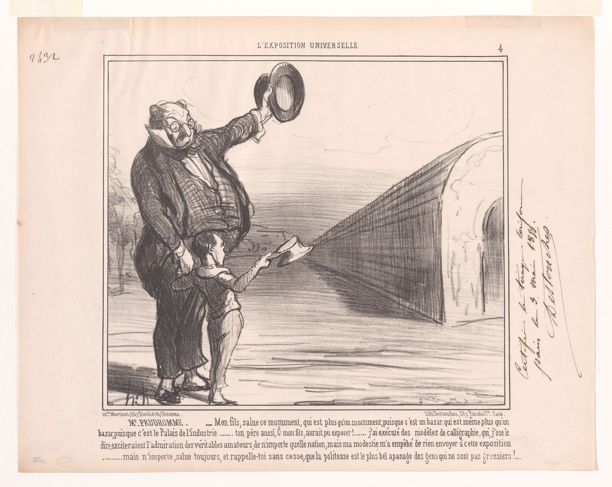 A man and young boy lift their hats toward an exhibition hall; dark textured coats contrast with thin sketch-like lines, with printed French text and a handwritten printer note around the image.