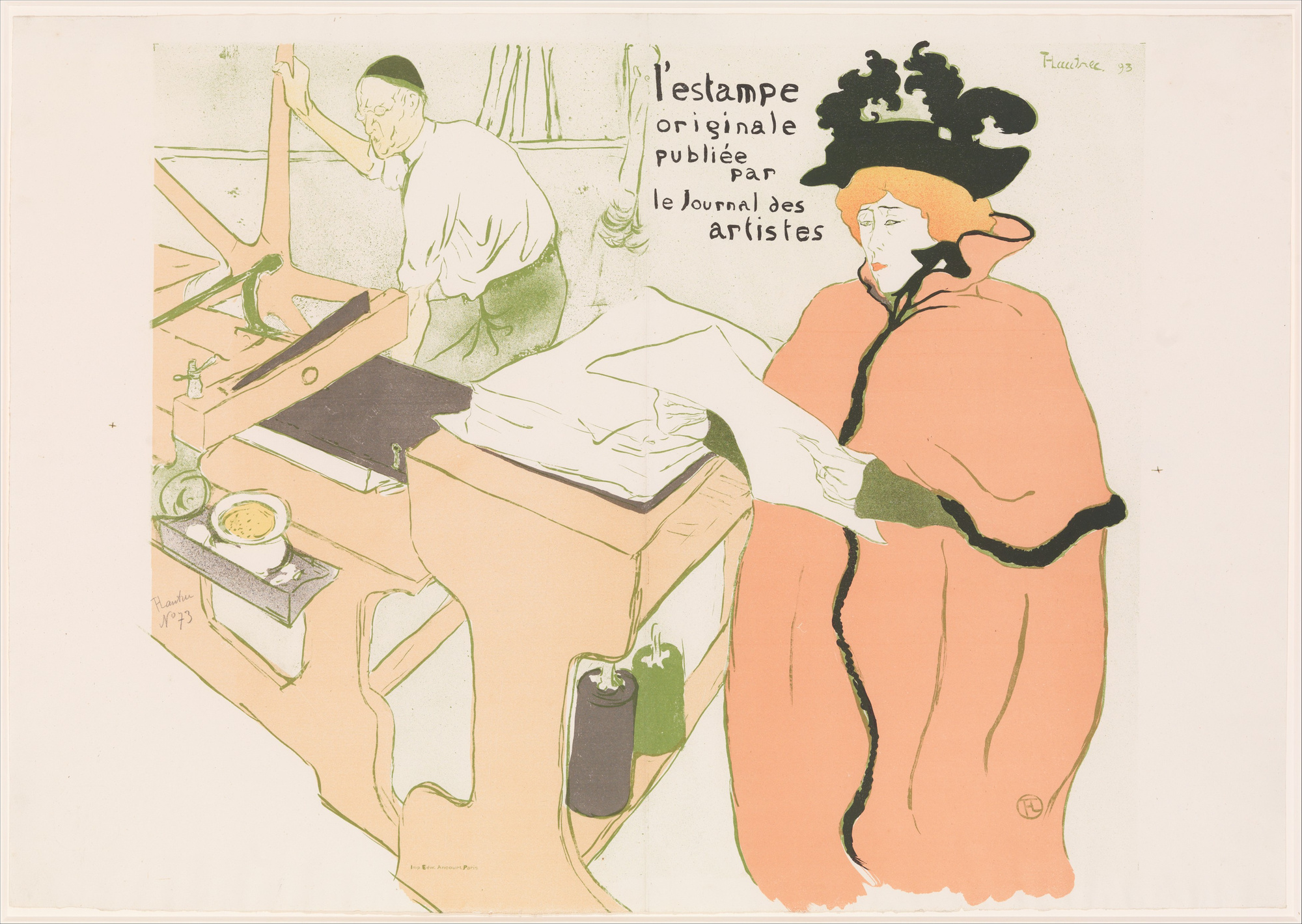 A printer works beside a press while an orange-haired woman in a large black hat and salmon-pink cape studies a sheet, with green drawing lines and French album lettering.