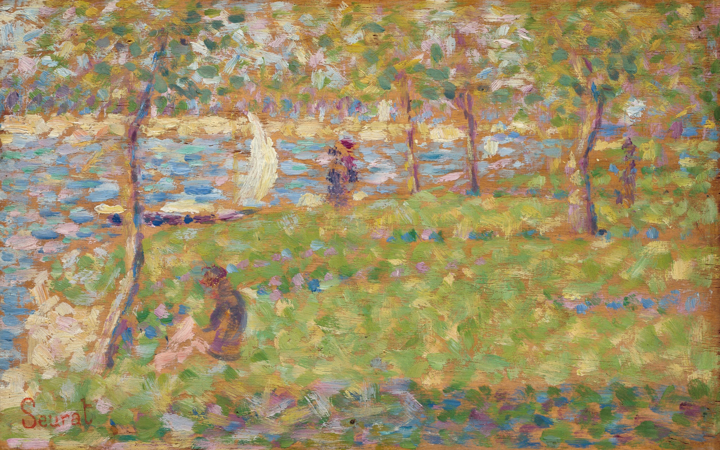 A loosely painted riverside scene in short green, blue, violet, cream and pink strokes, with trees, small figures and a white sail.