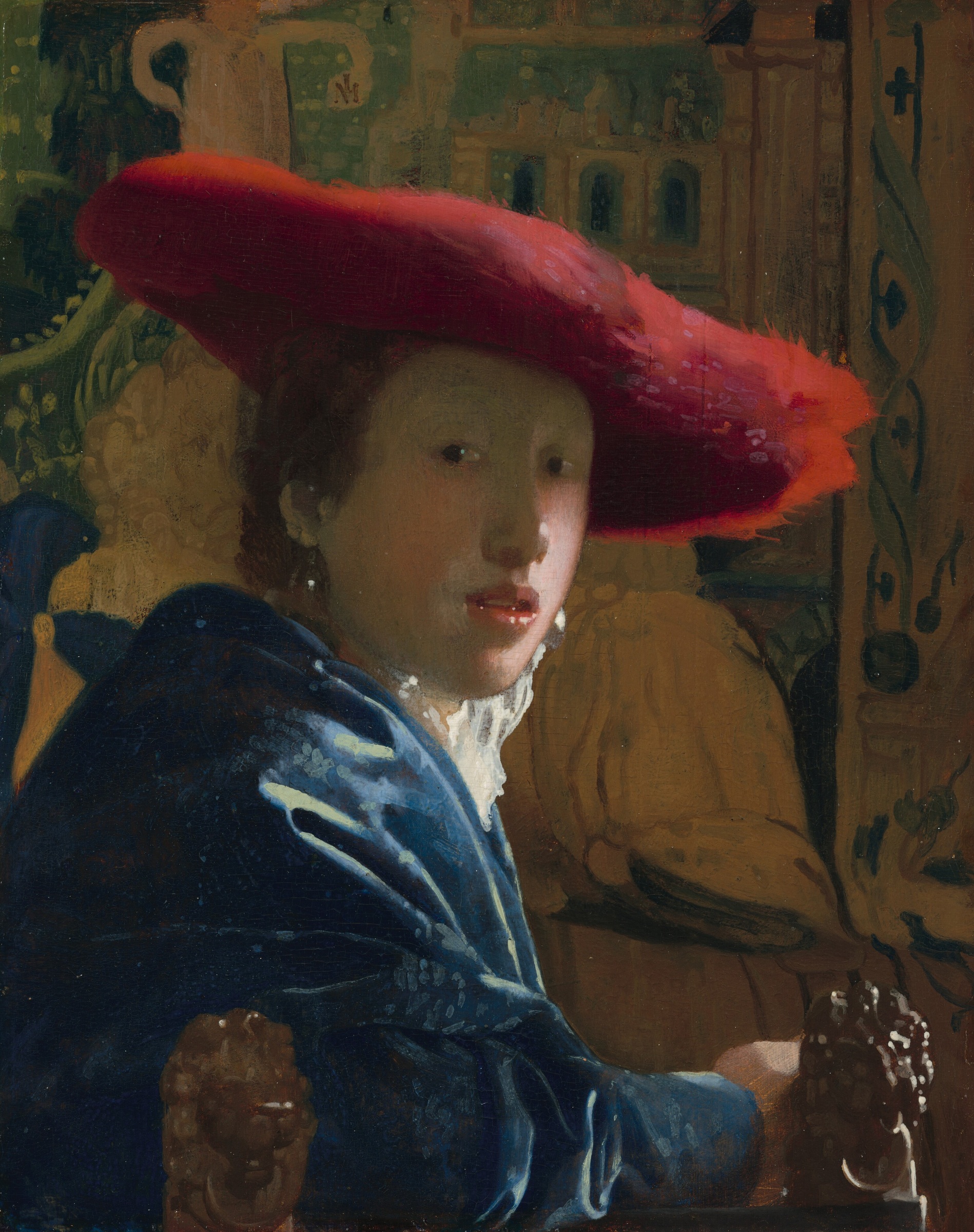 A young sitter turns toward the viewer in a broad red hat and blue robe, with white highlights and carved chair finials.