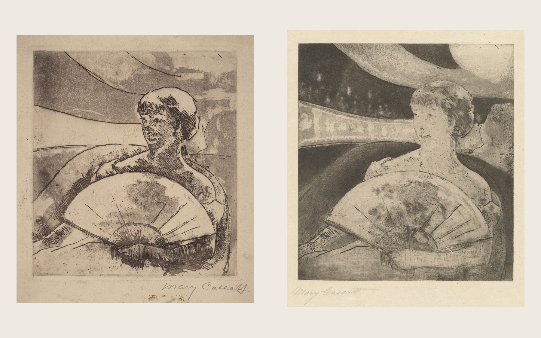 Two complete Cassatt Opera Box prints side by side, showing a darker face at left and lighter face against a dark box at right.