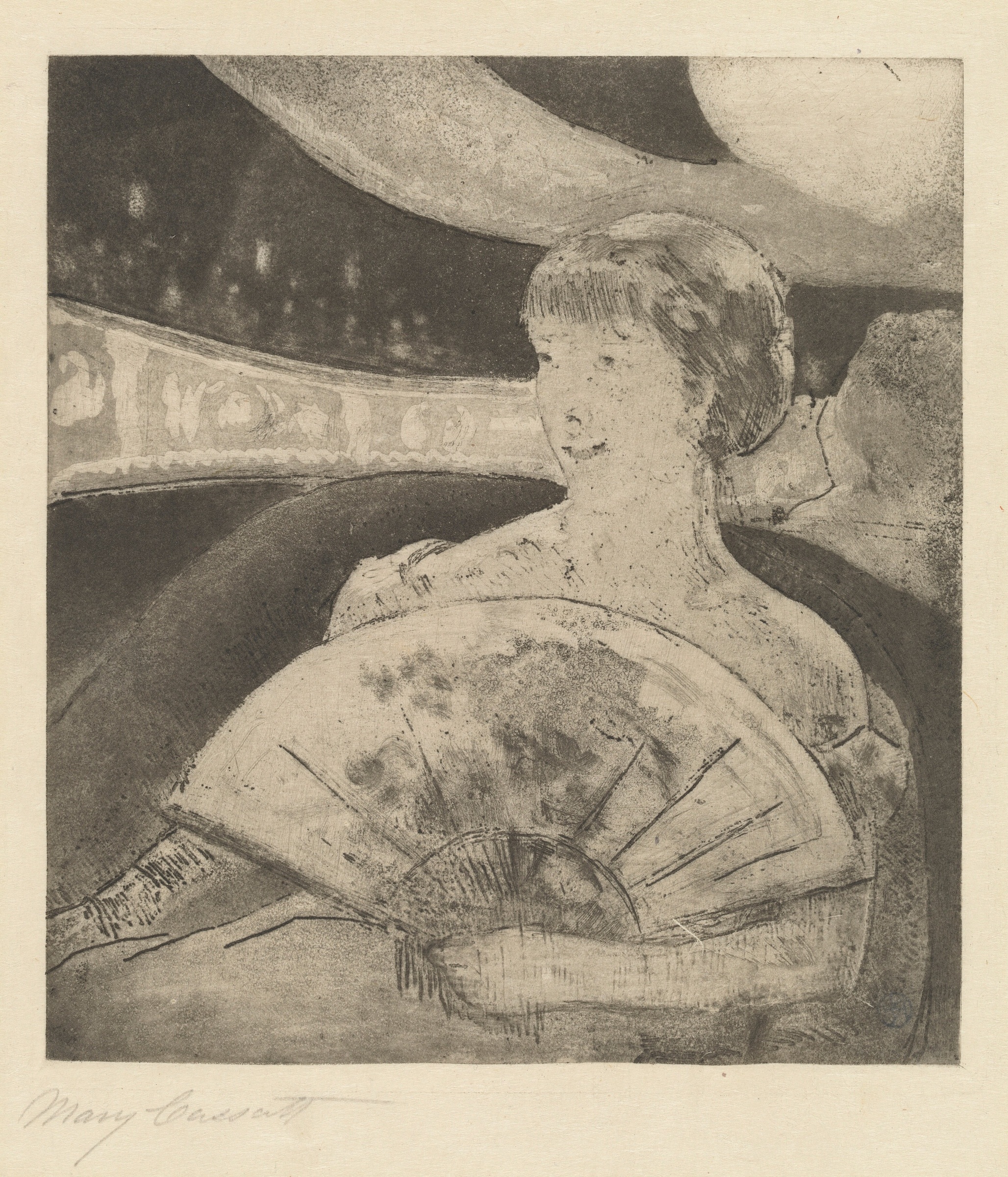 A pale-faced figure holding a fan sits before dark aquatint bands in a theater box, within the full paper sheet.