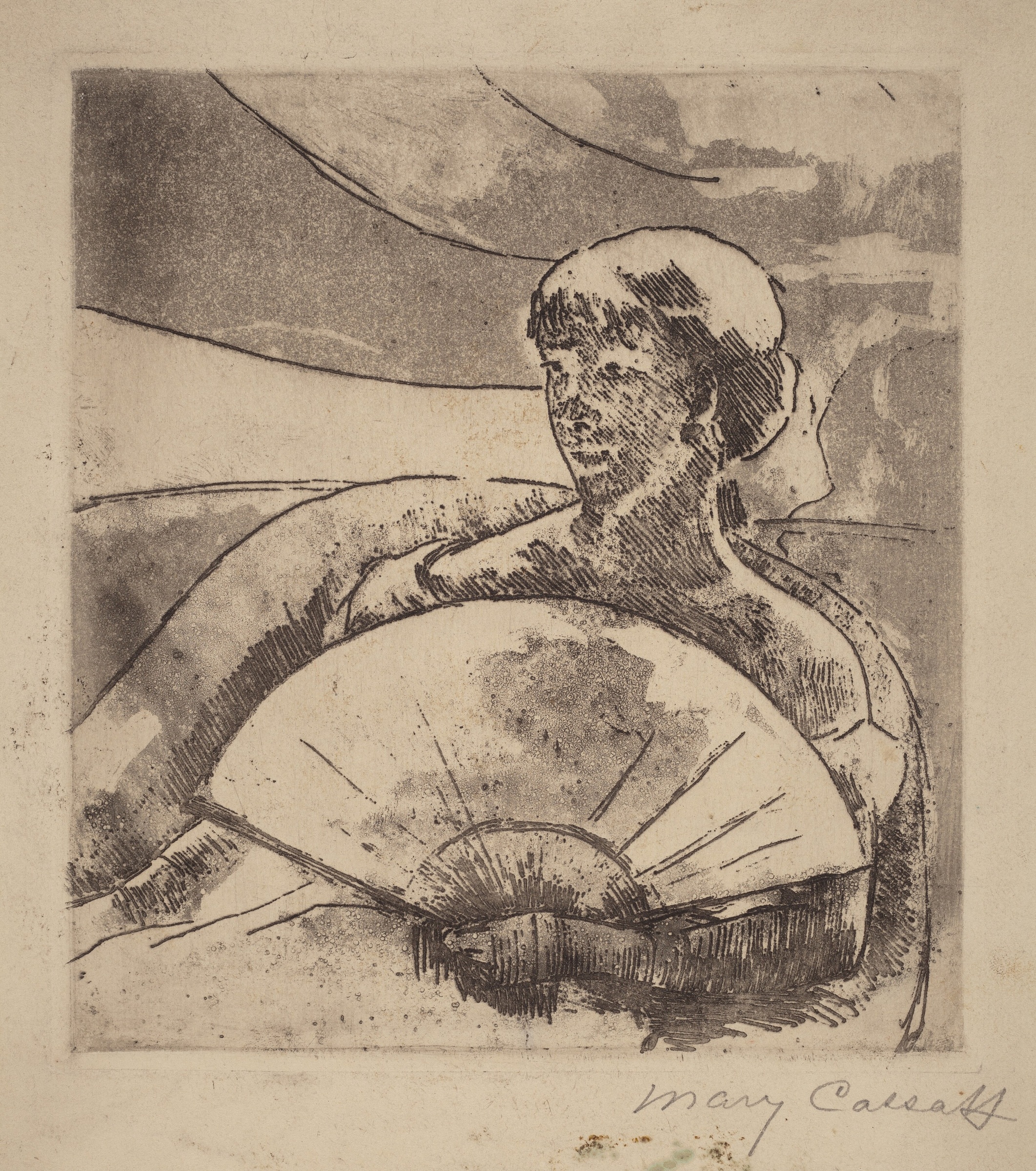 An etched figure holds a broad pale fan, with dark marks on the face and shoulder against a lighter theater box.