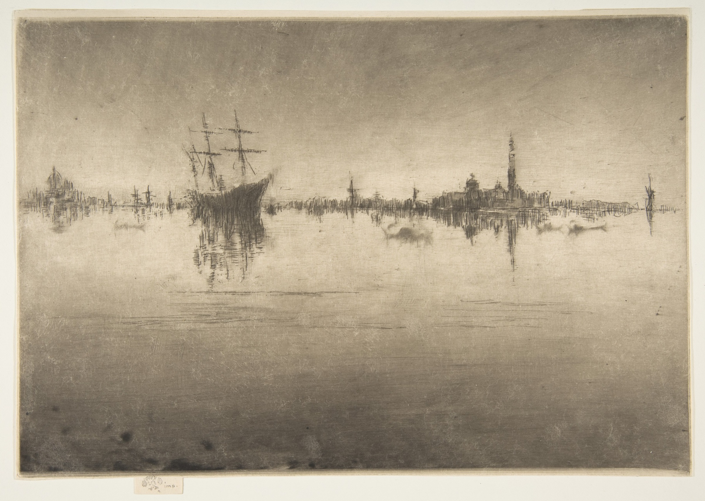 Small boats and upright masts emerge from a hazy gray field in a horizontal print.