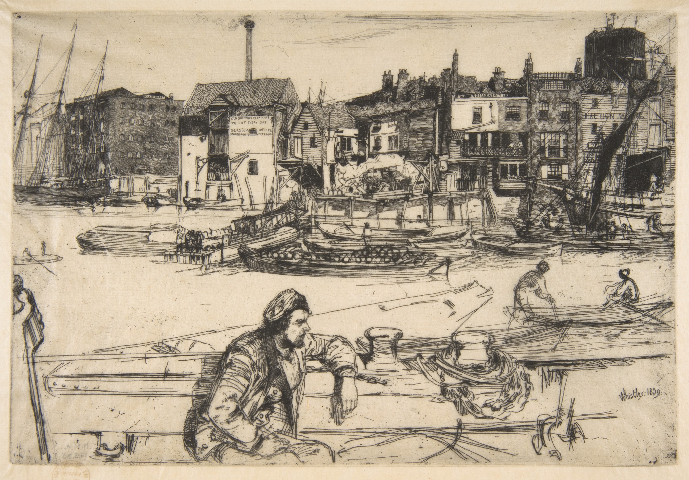 Etched waterfront buildings, boats and a seated figure, with extensive fine black lines on pale paper.