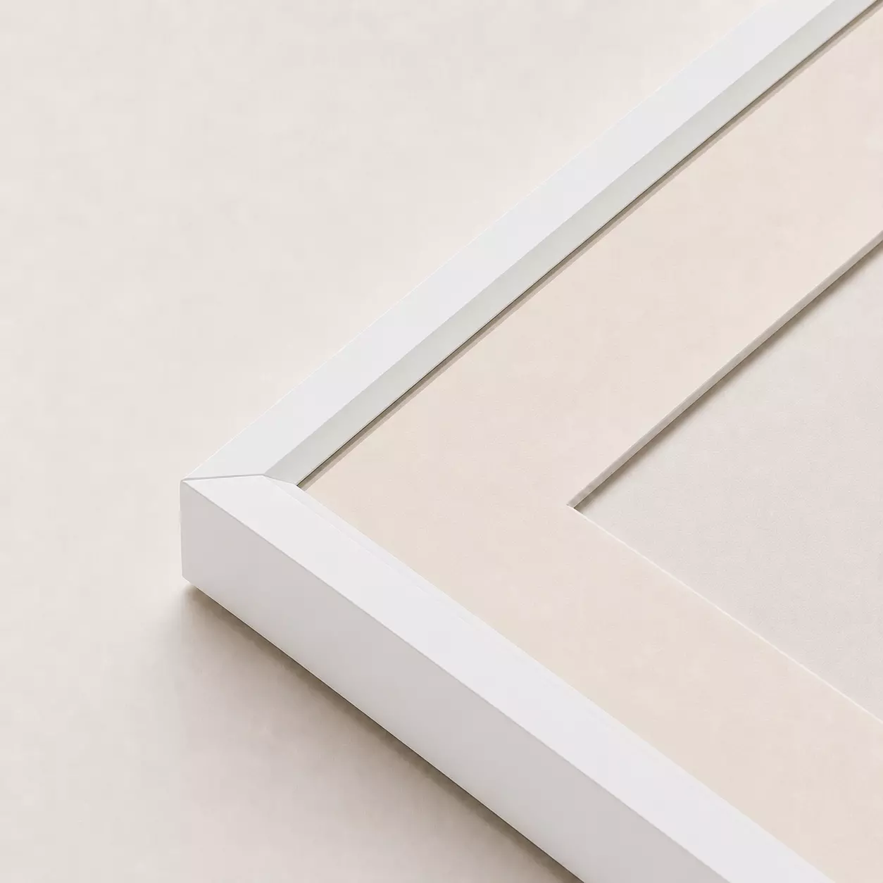 White precision-cut aluminum frame with mat and acrylic glazing