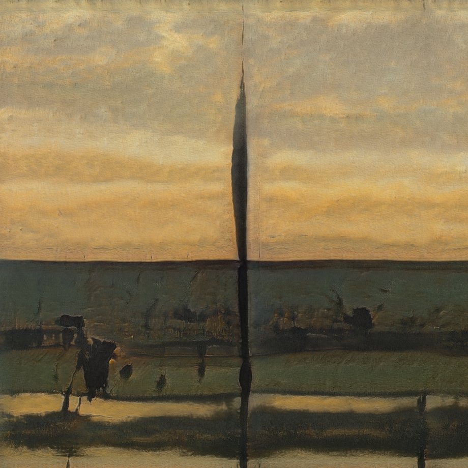 The Hour Without Footsteps, a Whispart image with a narrow dark form crossing a muted sky and field