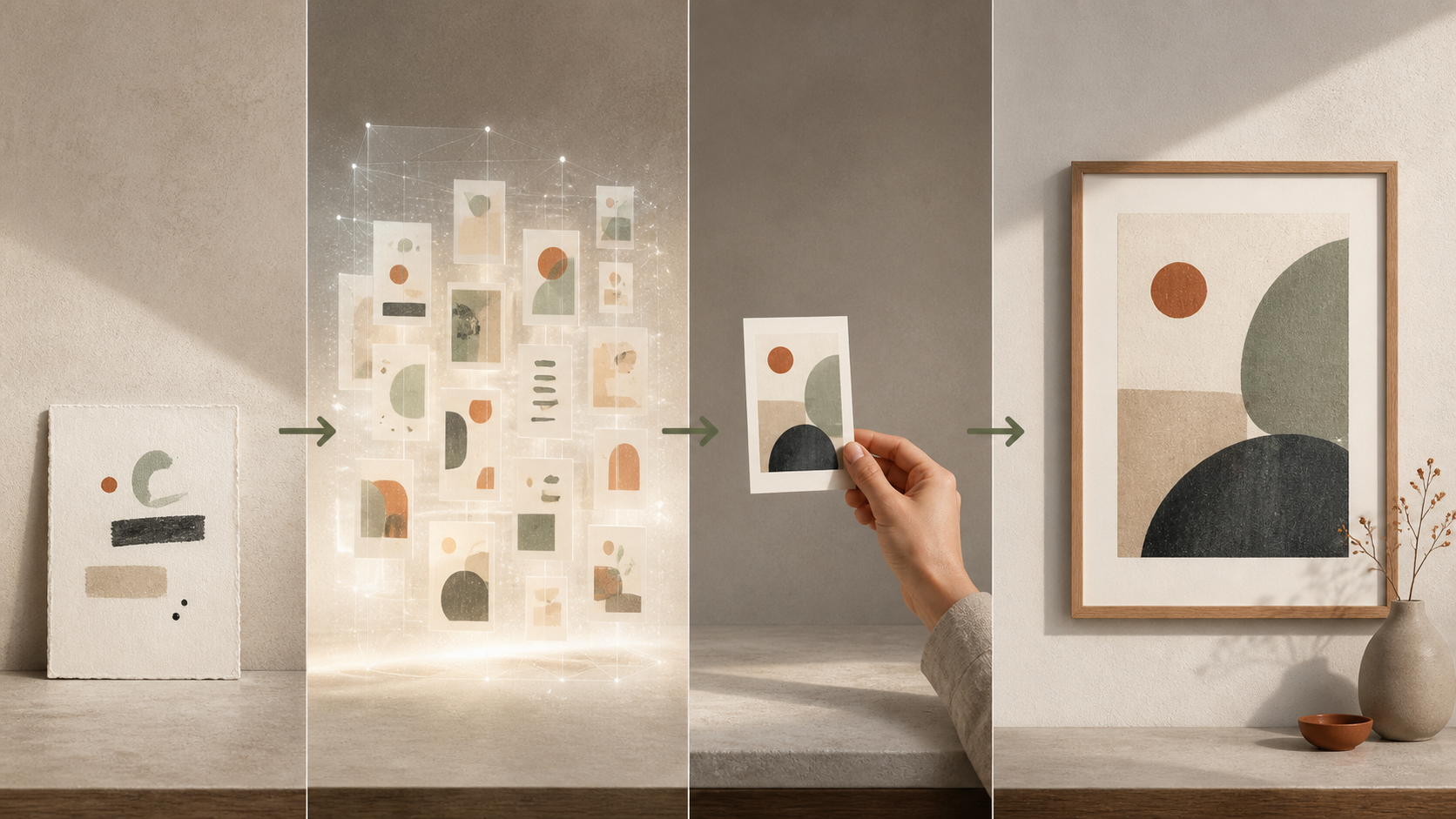 Editorial illustration showing a non-branded sequence from abstract prompt marks through image possibilities and human selection to a framed abstract work.