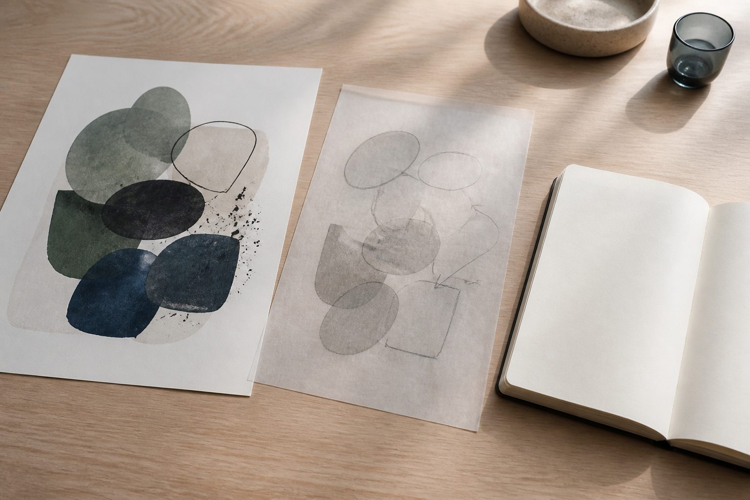 Editorial still life of an abstract print, a translucent selection sheet, and a blank notebook arranged as separate layers.