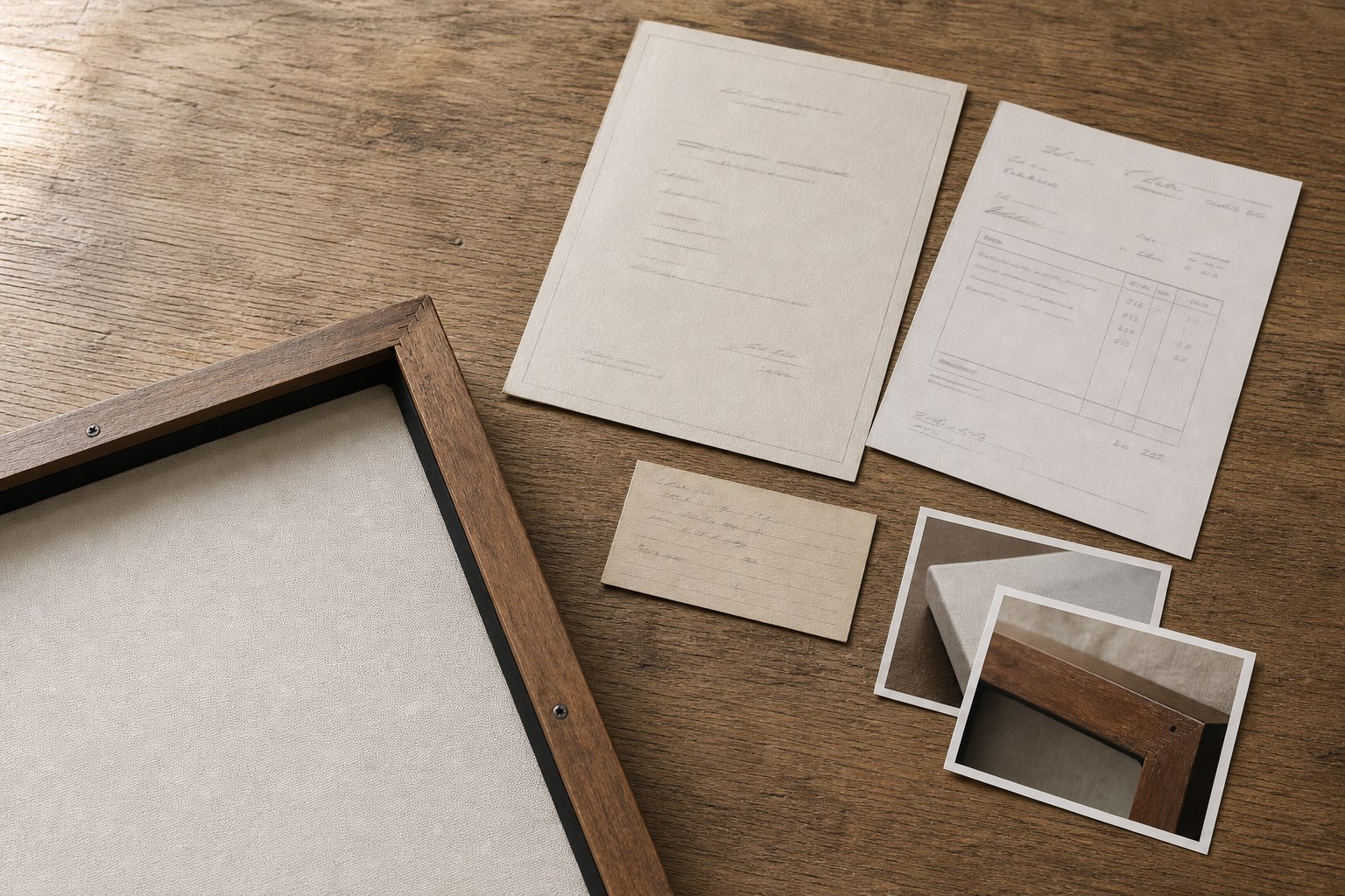 A framed canvas edge beside a certificate sheet, invoice, archive card, and documentary photographs on a wooden table.
