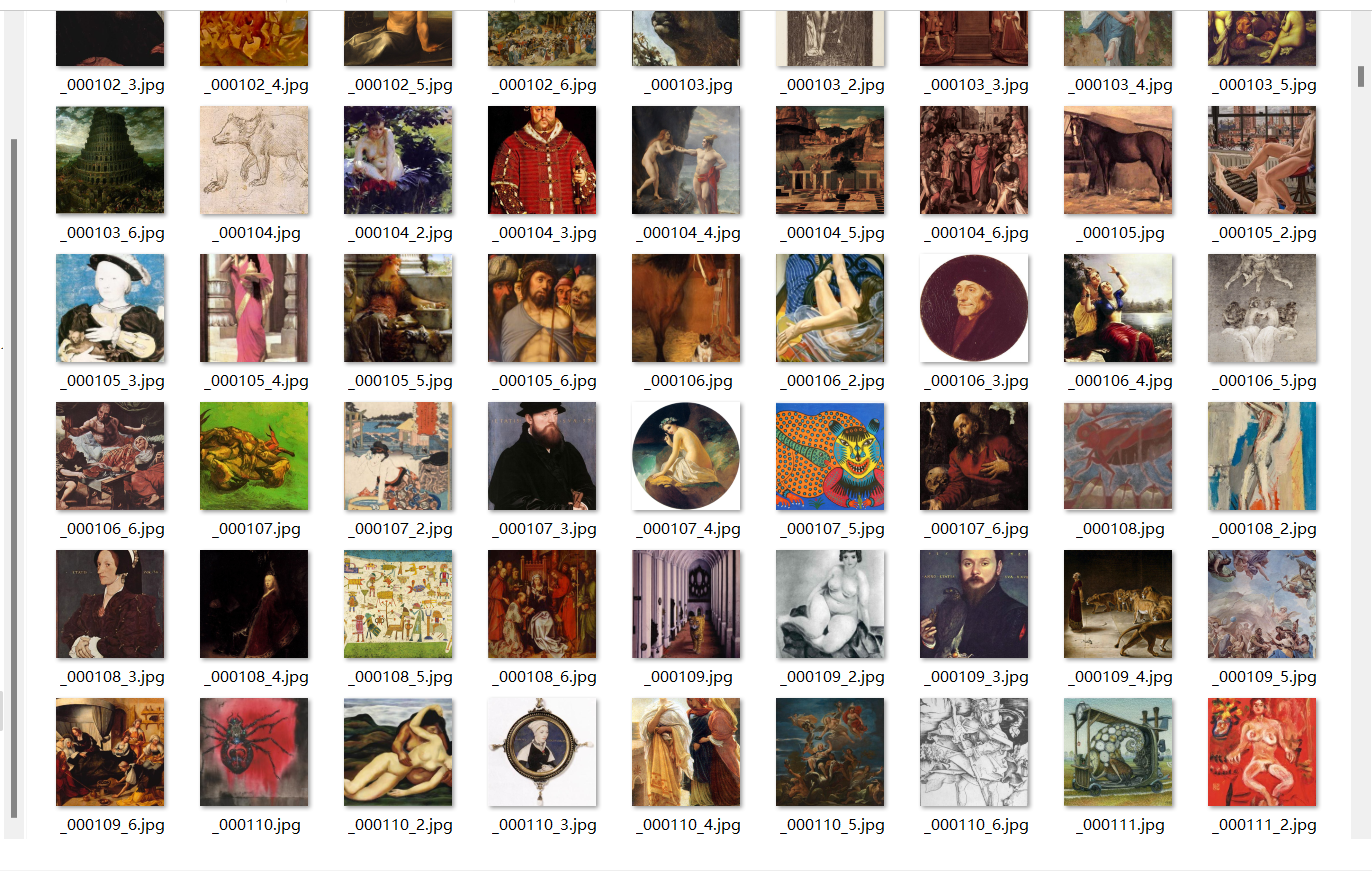 A supplied internal folder view showing many portrait, figure, landscape, drawing, and painting source images arranged as thumbnails.