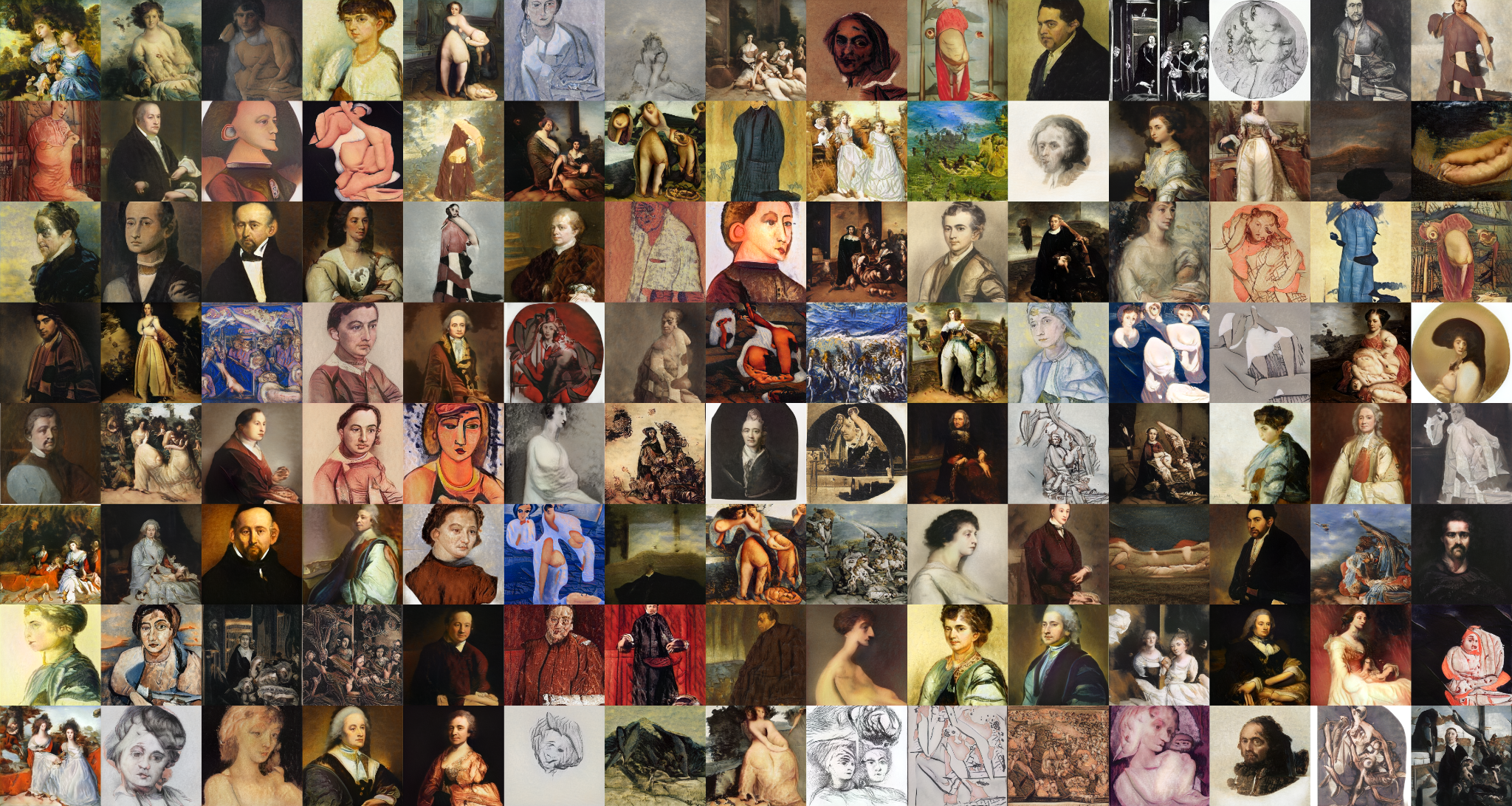 A supplied grid of many varied portrait, figure, landscape, and abstract image outputs from one Whispart model run.